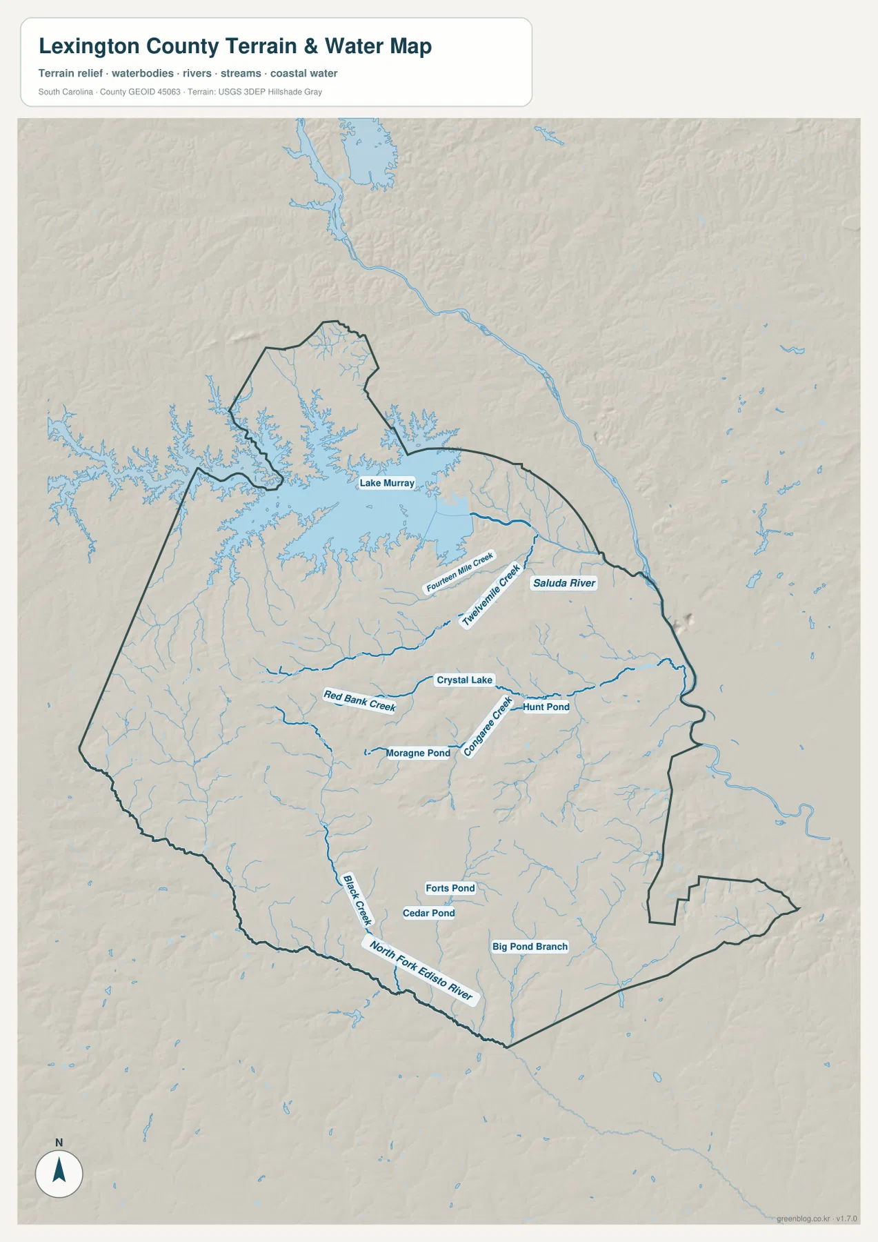 Lexington County terrain and water map with Lake Murray, Saluda River, Fourteen Mile Creek, Twelvemile Creek, and southern waterways
