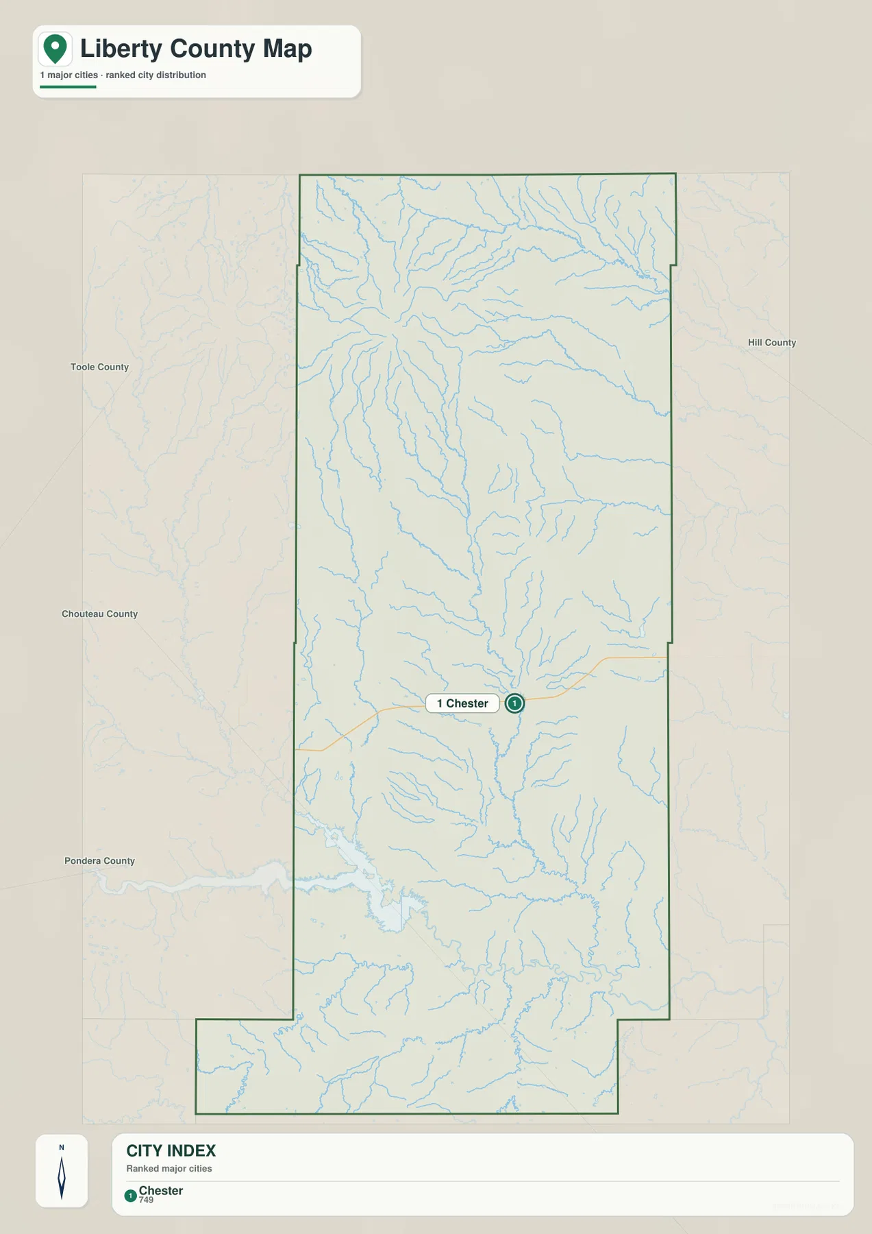 Liberty County city map showing Chester as the only ranked major city