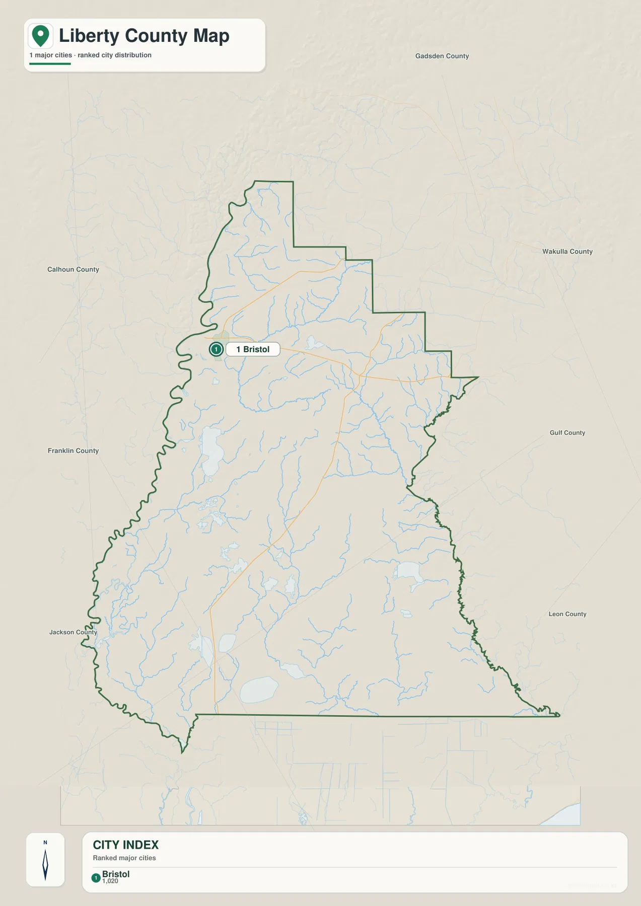 Liberty County city map centered on Bristol with neighboring Calhoun, Gadsden, Wakulla, Franklin and Leon counties