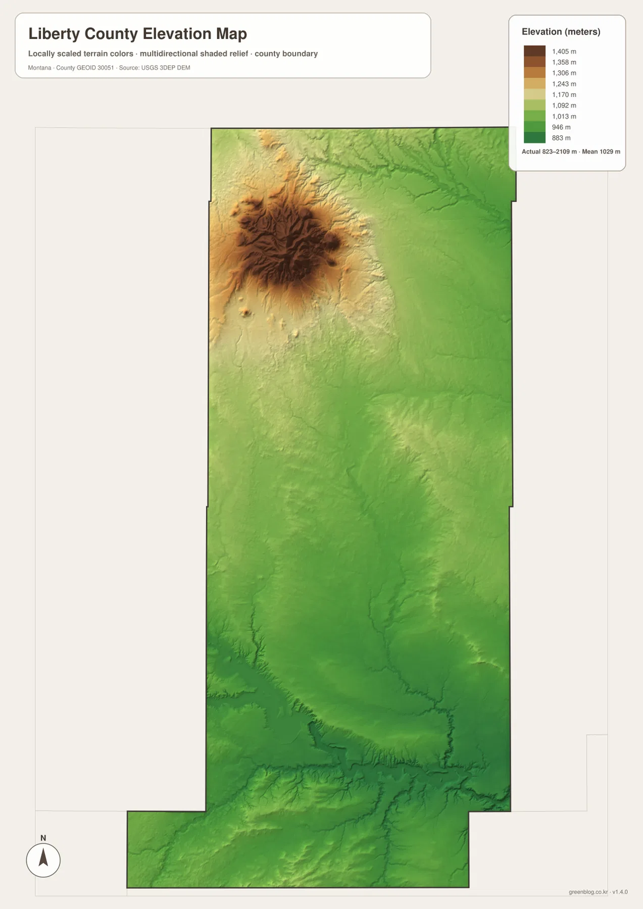 Liberty County Montana elevation map showing an actual range of 823 to 2109 meters and a mean of 1029 meters