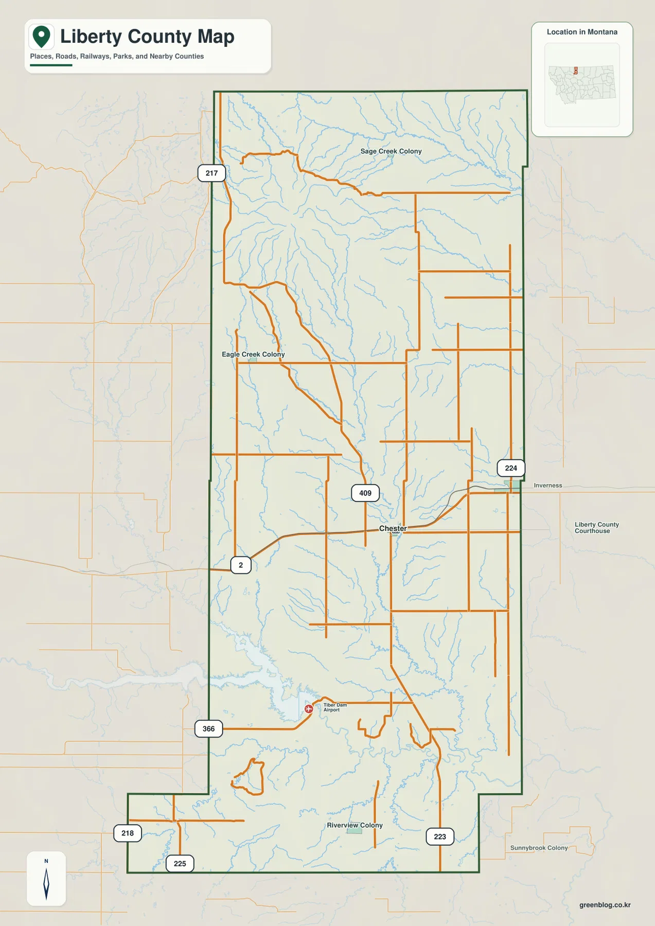 Liberty County Montana map showing Chester, U.S. 2, Route 409, Sage Creek Colony, and major roads