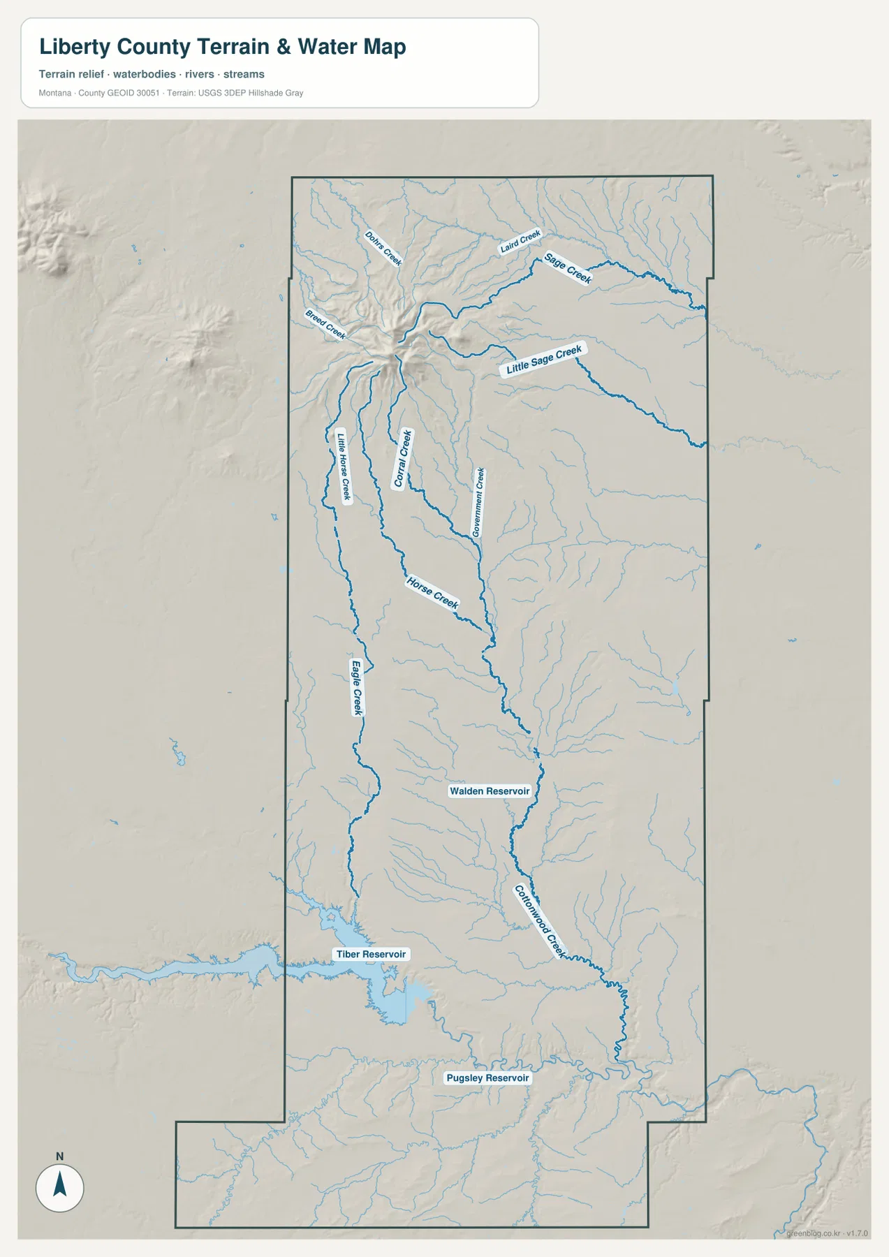 Liberty County terrain and water map showing Sage Creek, Little Sage Creek, Eagle Creek, Cottonwood Creek, and Tiber Reservoir