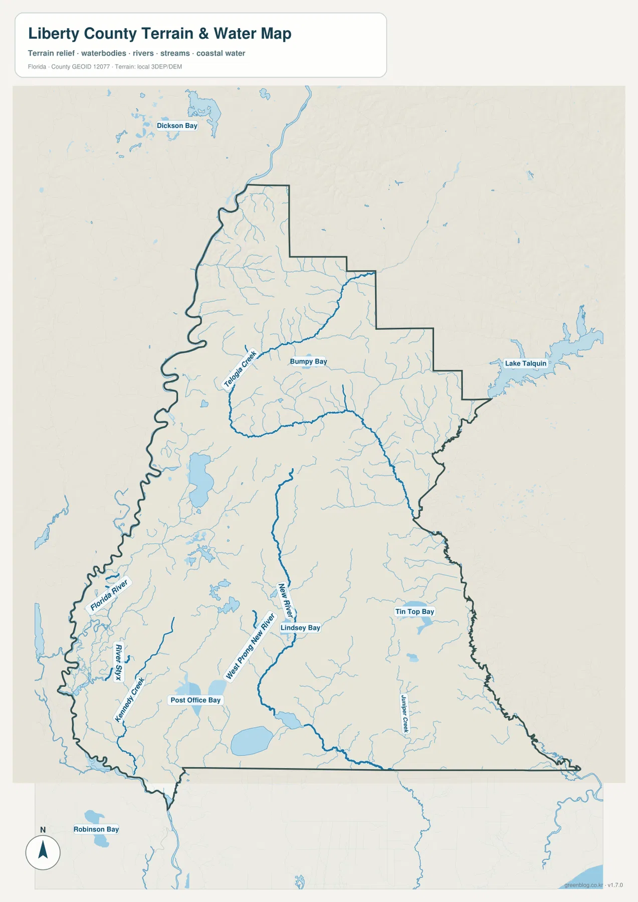 Liberty County terrain and water map showing Telogia Creek, New River, West Prong New River, bays and smaller streams