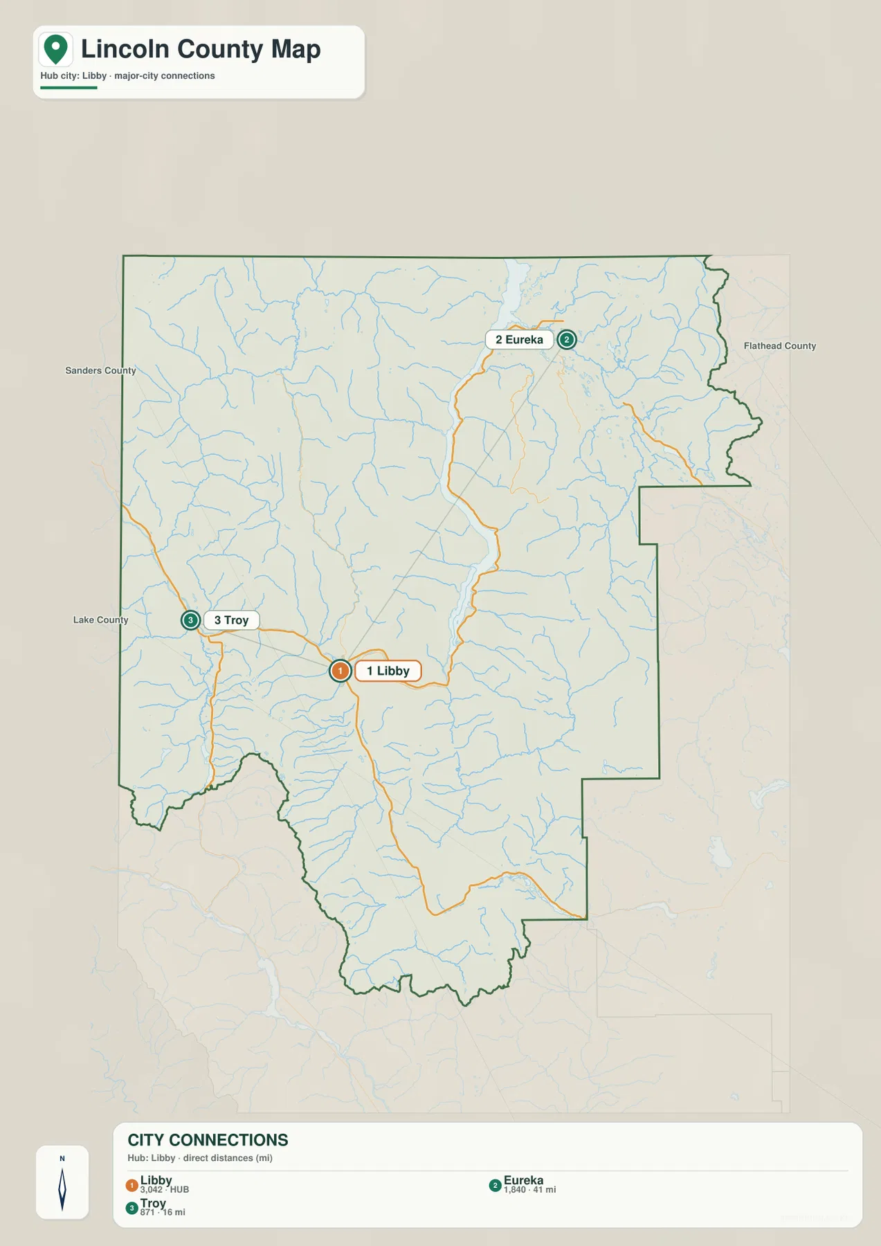Lincoln County city map connecting Libby with Eureka at 41 miles and Troy at 16 miles straight-line distance