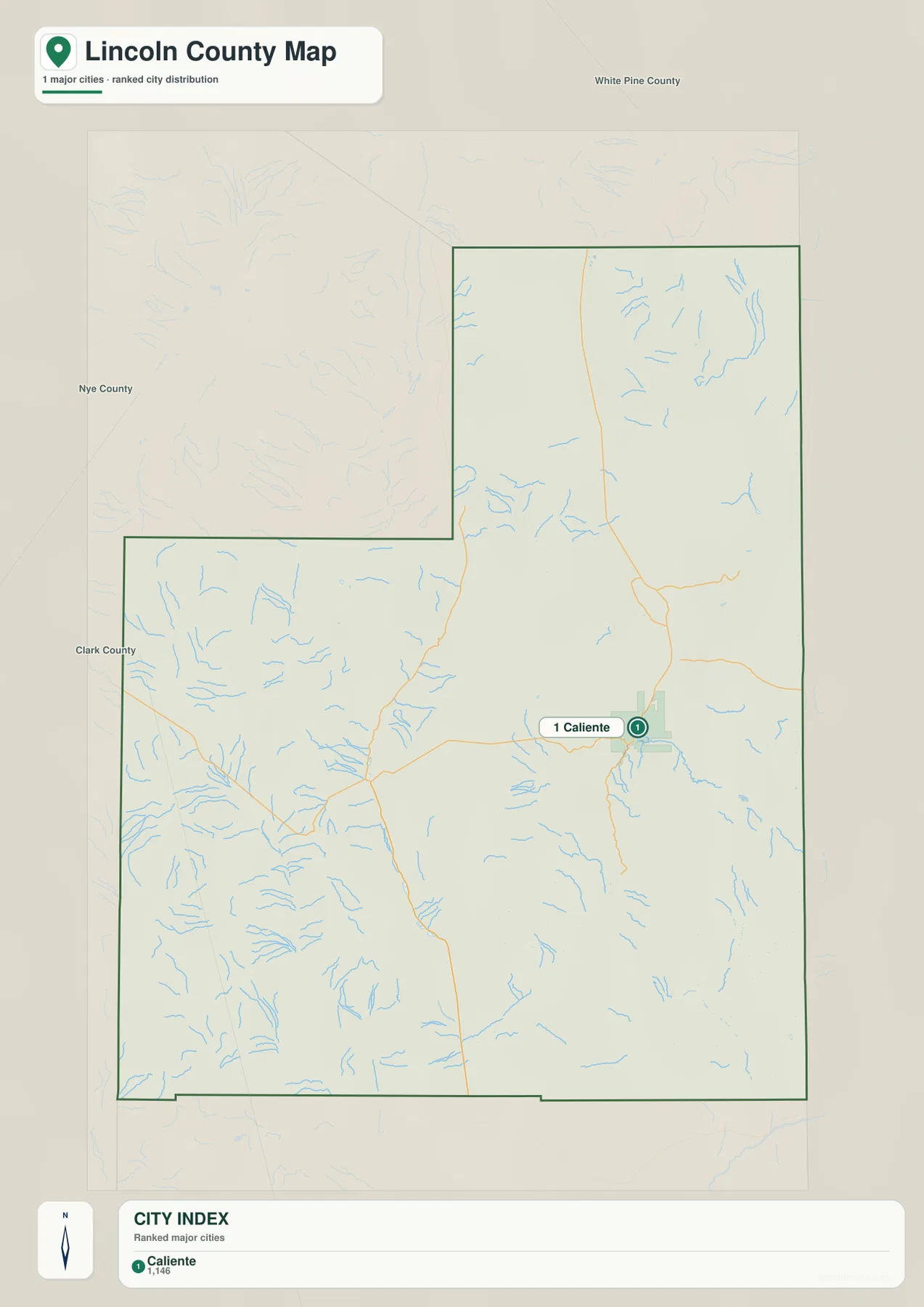 Caliente 한 곳을 주요 도시로 표시한 Lincoln County Nevada 도시 분포 지도