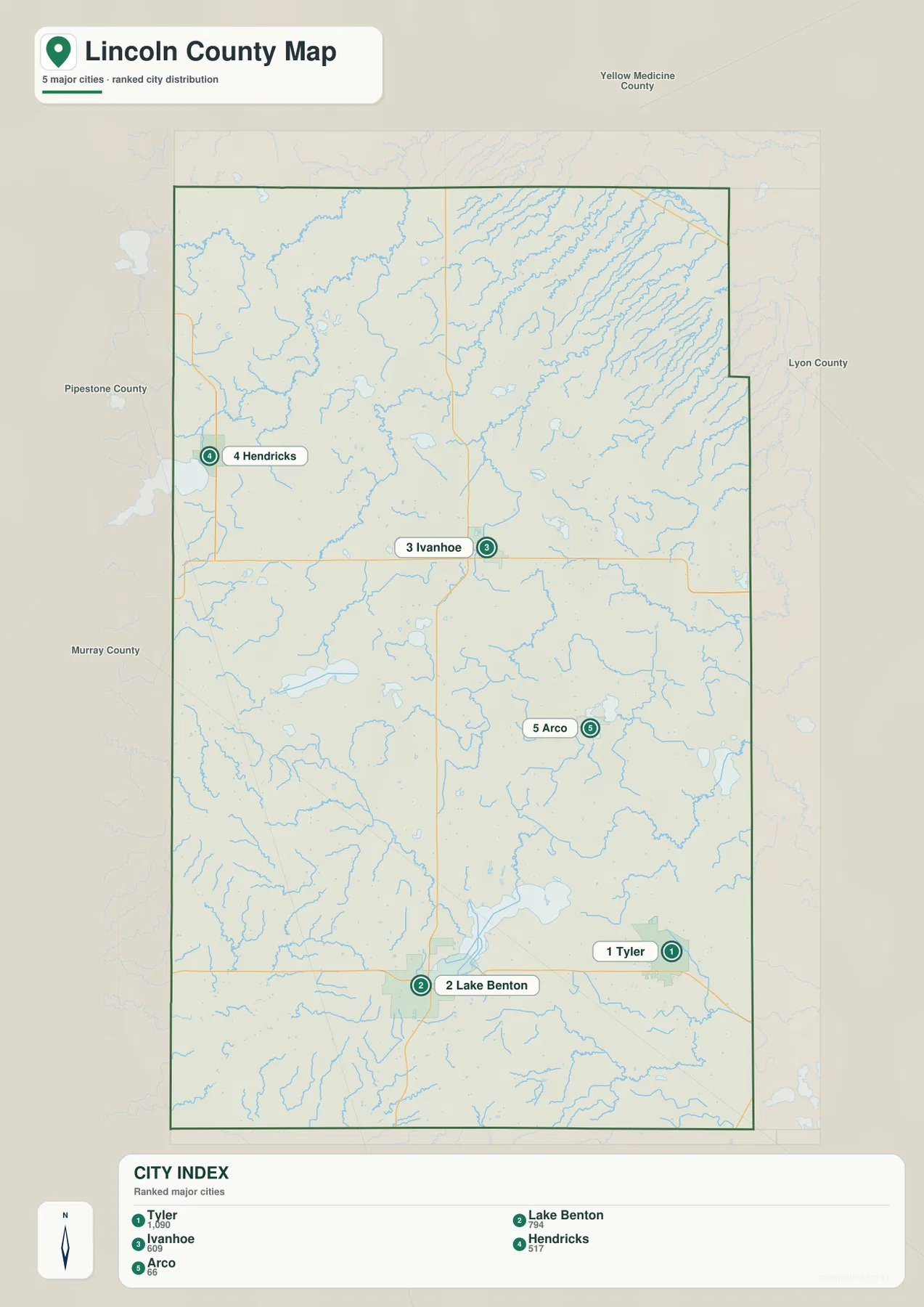Lincoln County Minnesota city map showing Tyler, Lake Benton, Ivanhoe, Hendricks, and Arco