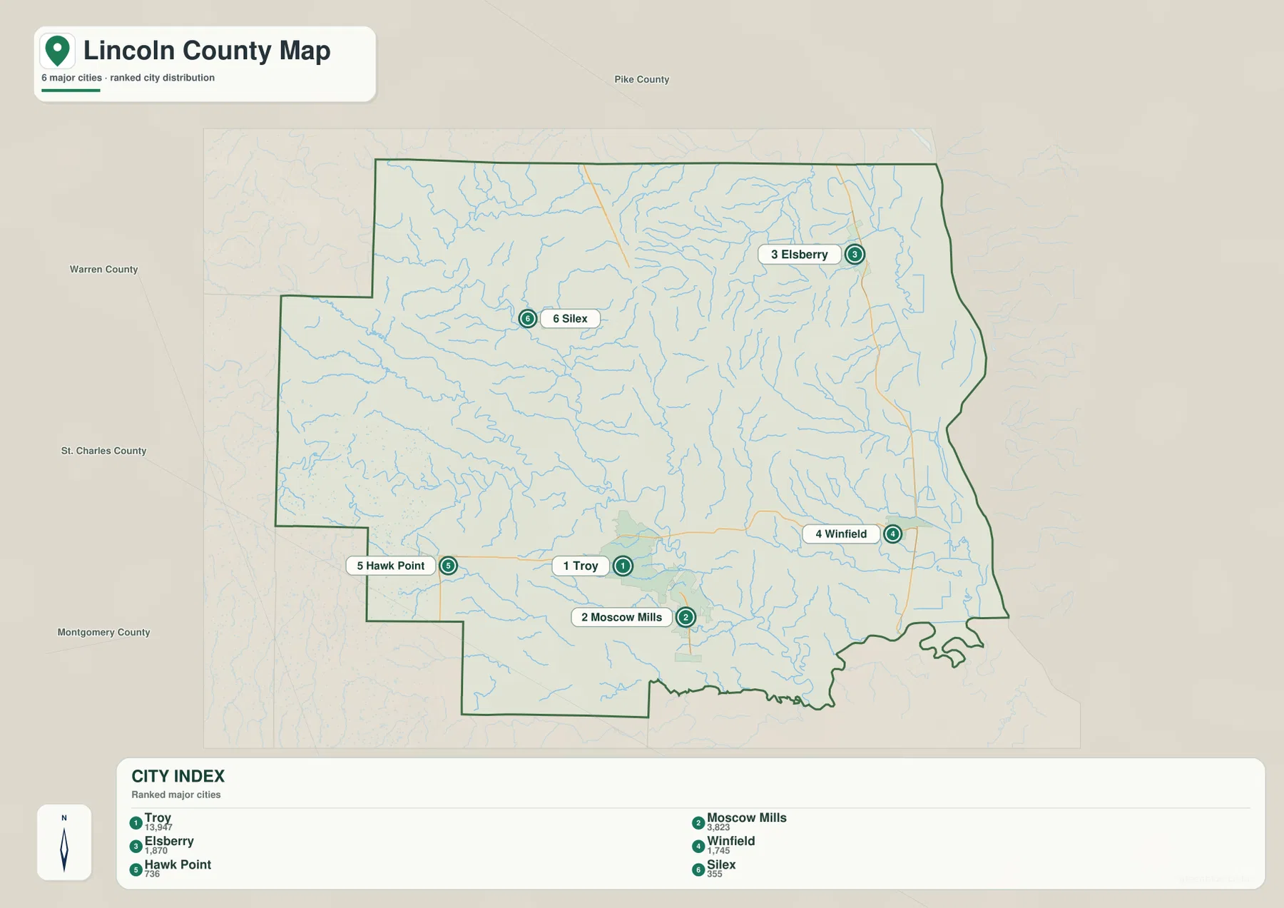 Lincoln County ranked city distribution map