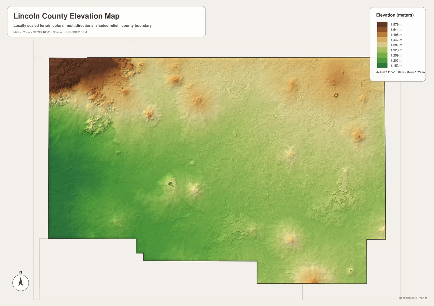 Lincoln County Idaho elevation map showing a 1115 to 1810 meter range and higher terrain in the northwest