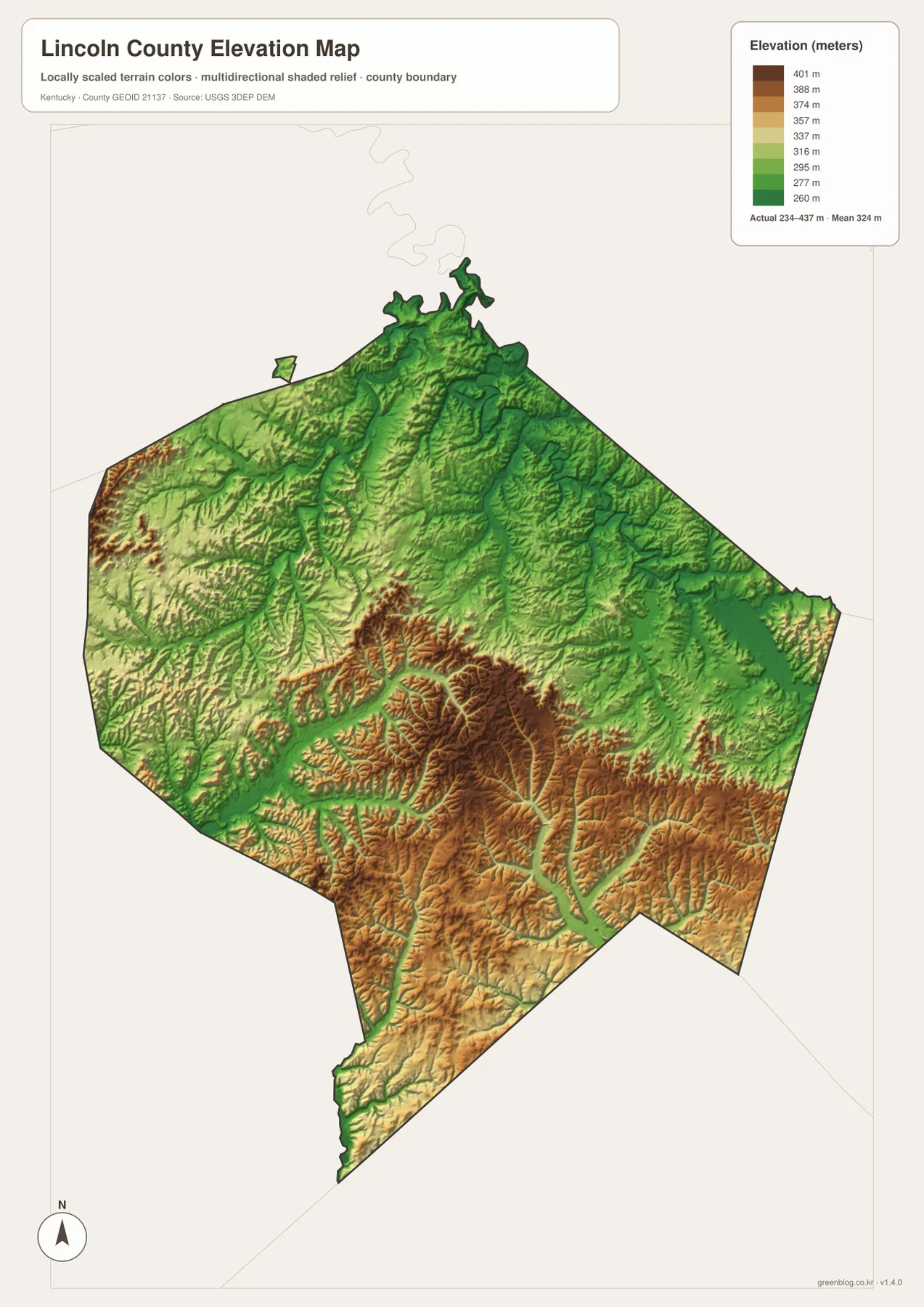Lincoln County elevation map showing a 234 to 437 meter range, lower northern and eastern corridors, and higher central-southern ridges