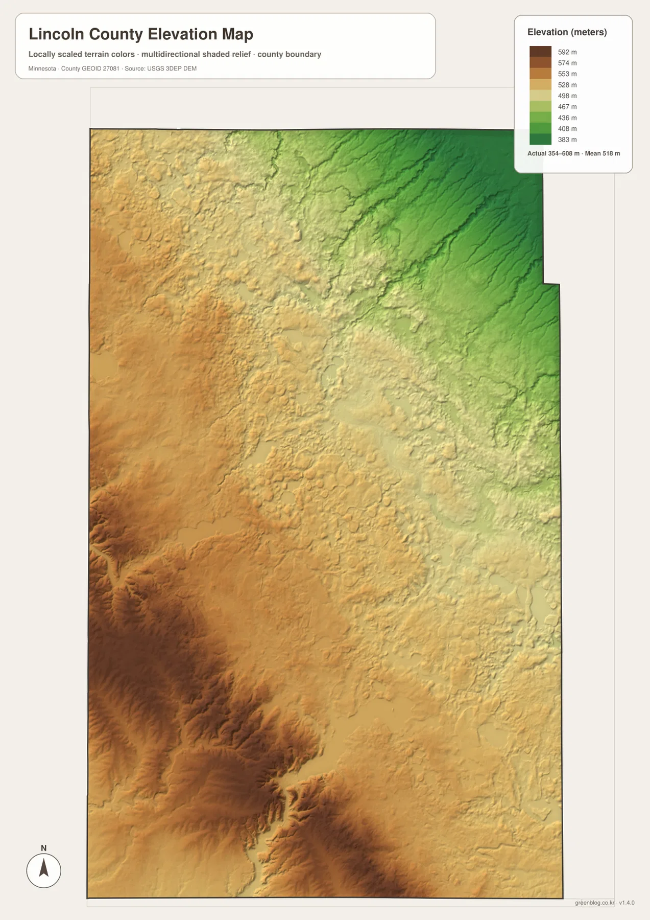 Lincoln County Minnesota elevation map showing higher western and southwestern terrain and a lower northeast