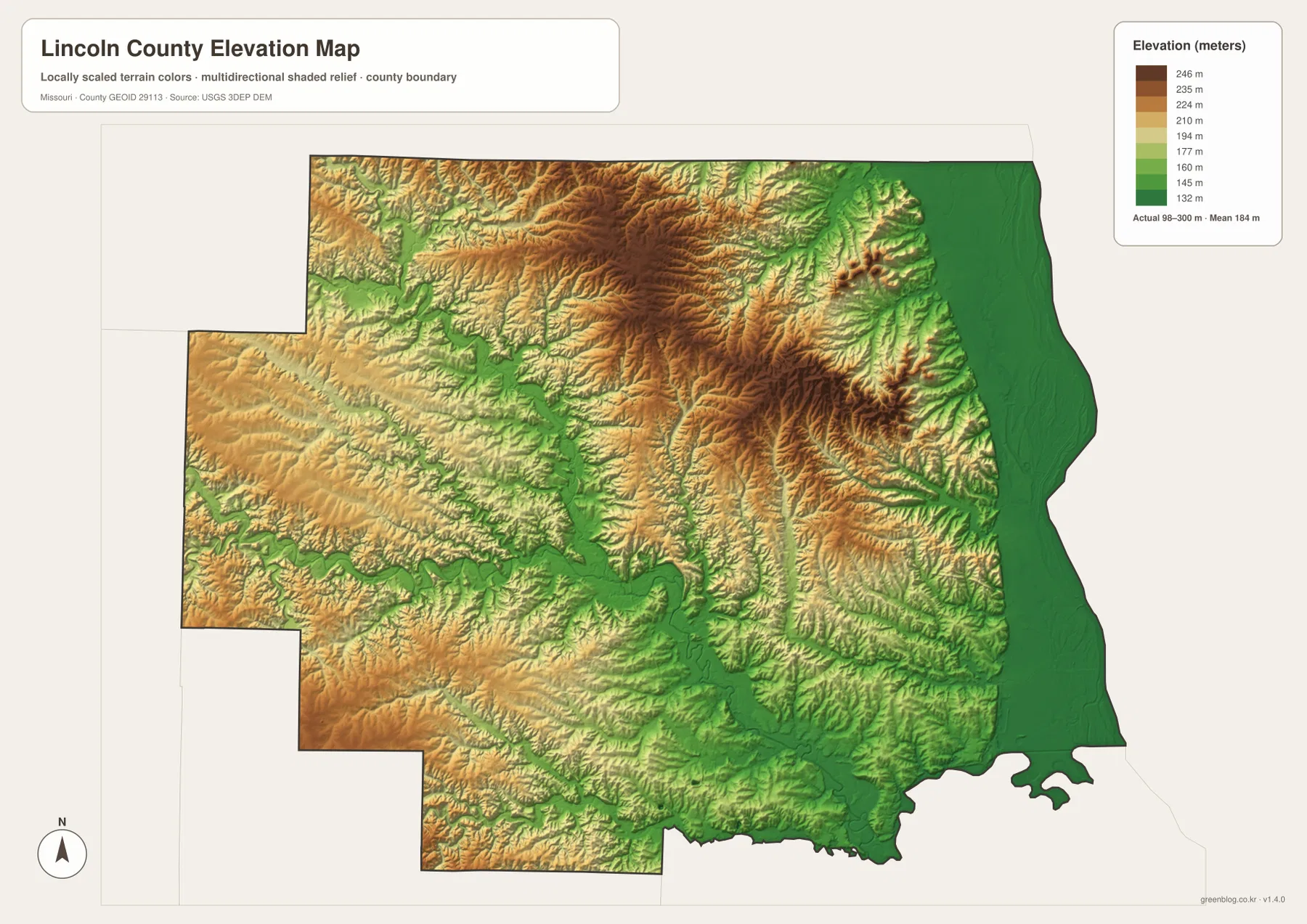 Lincoln County elevation map from 98 to 300 meters