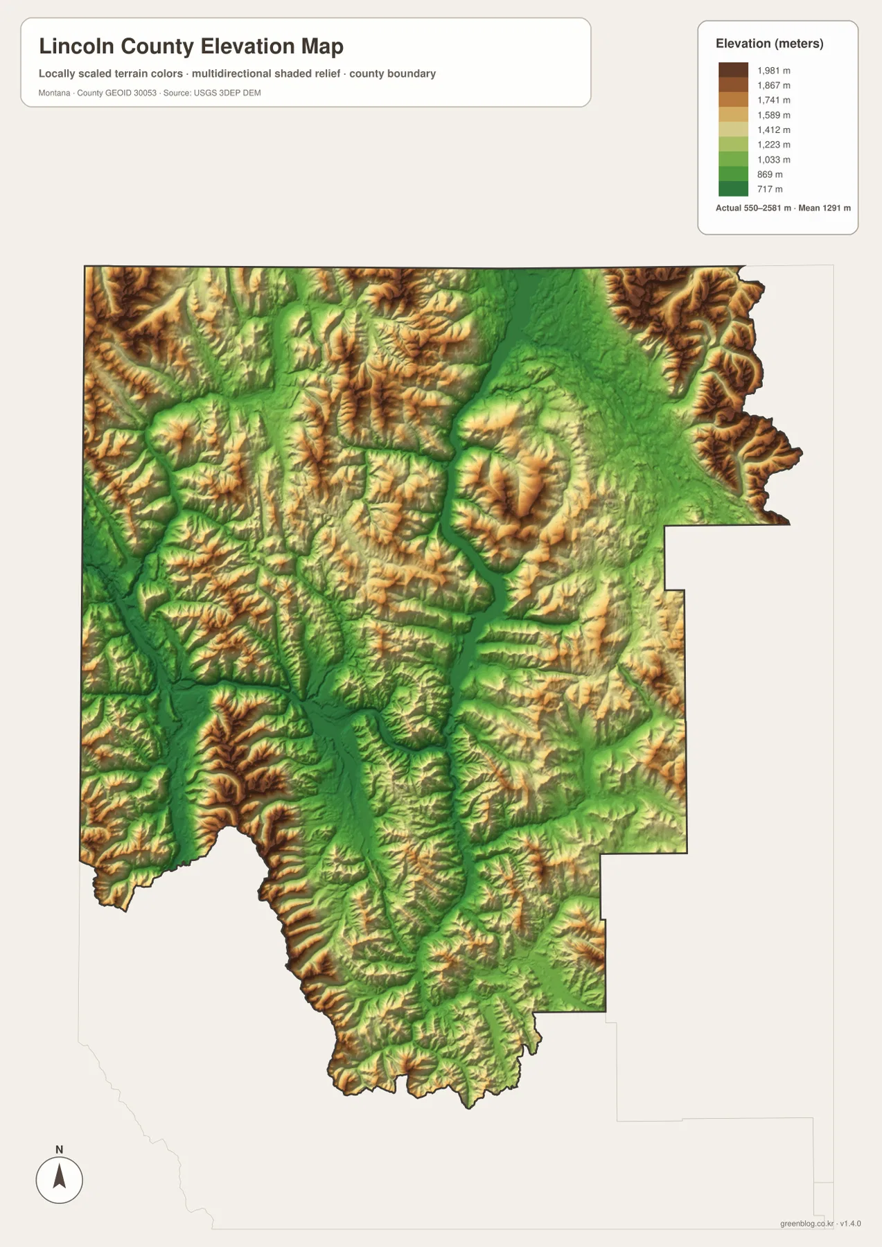 Lincoln County Montana elevation map showing an actual range of 550 to 2581 meters and a mean of 1291 meters