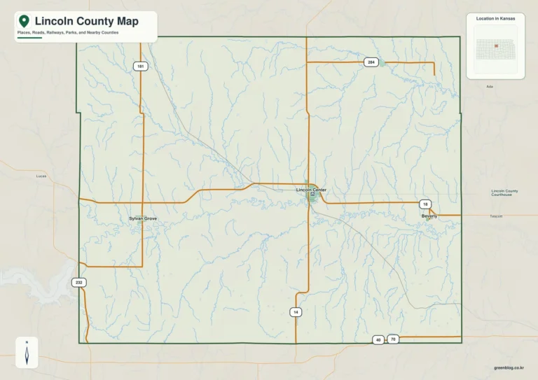 캔자스주 링컨 카운티 지도(Lincoln County) – Lincoln Center·Saline River와 Post Rock 구릉