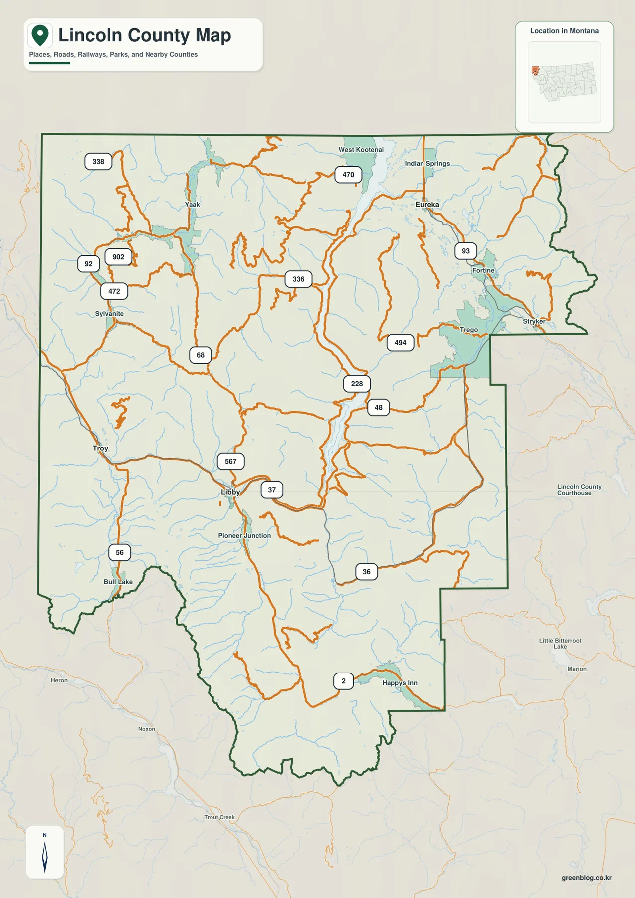 Lincoln County Montana map showing Libby, Troy, Eureka, U.S. 2, U.S. 93, and major mountain roads