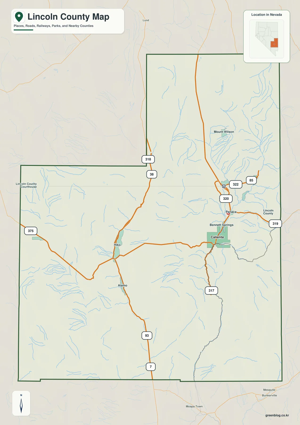 Caliente, Panaca, Pioche, Hiko, Alamo와 U.S. 93, Nevada 318, 375, 319, 317을 표시한 Lincoln County Nevada 지도