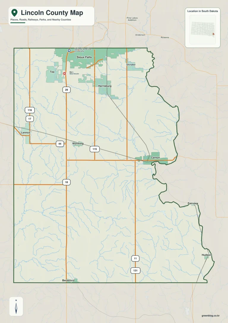 사우스다코타주 링컨 카운티(Lincoln County) 지도 – Harrisburg·Canton과 Big Sioux River 동부 저지대