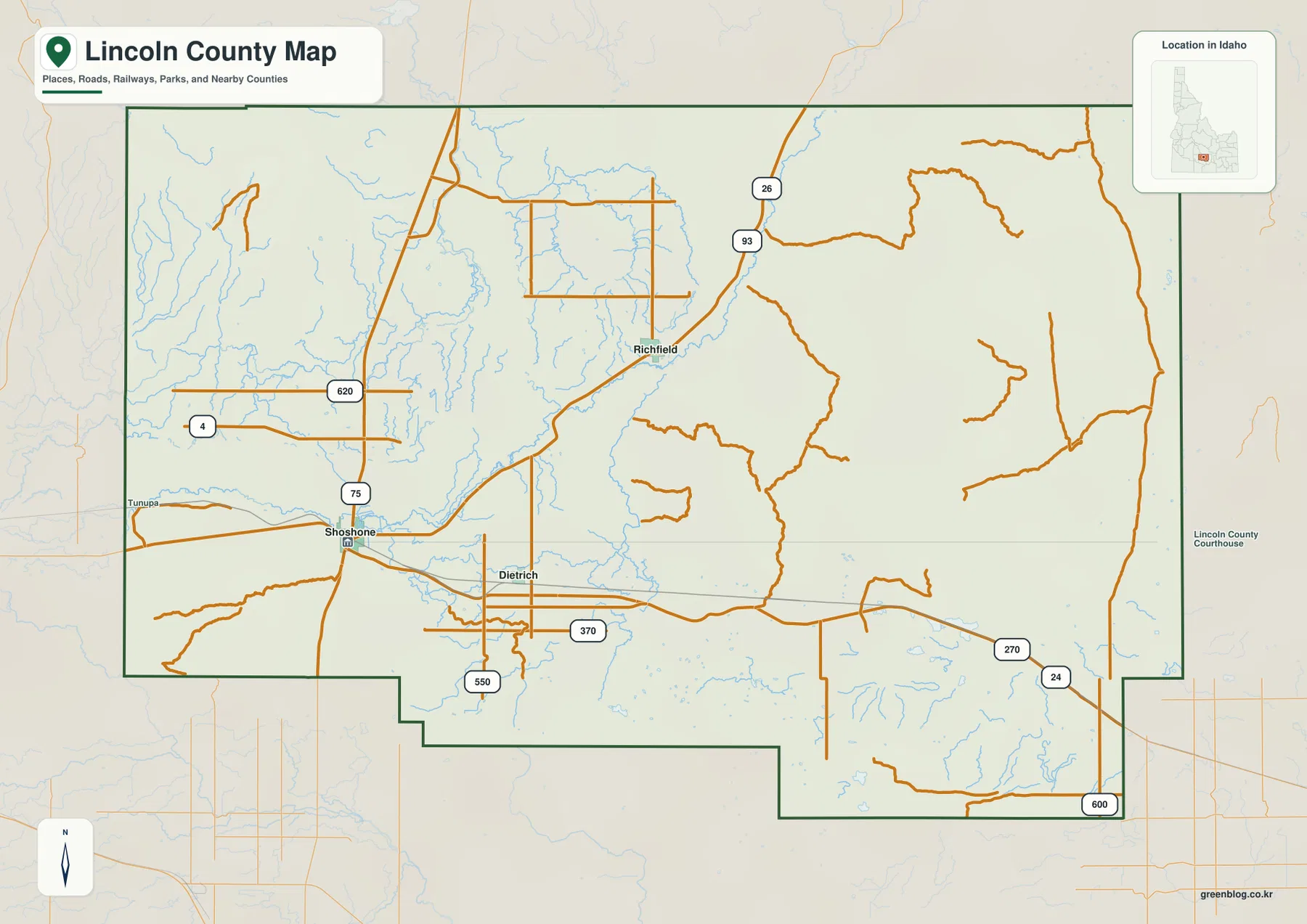 Lincoln County Idaho map showing Shoshone, Richfield, Dietrich, county boundaries and numbered roads