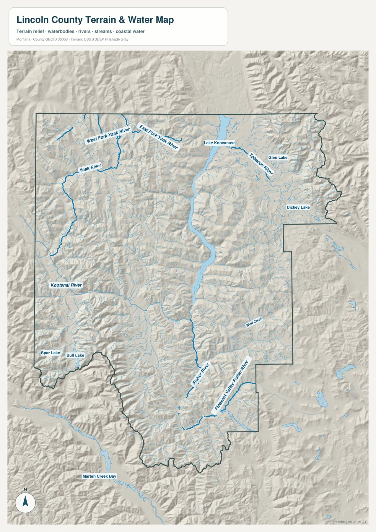 Lincoln County terrain and water map showing Kootenai River, Lake Koocanusa, Yaak River, Tobacco River, and Fisher River