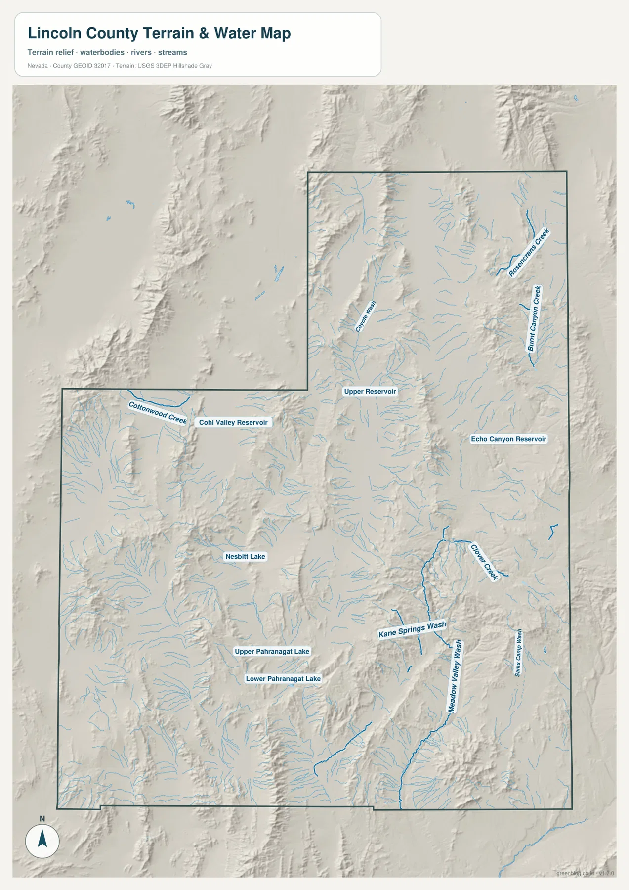 Upper Pahranagat Lake, Lower Pahranagat Lake, Echo Canyon Reservoir, Meadow Valley Wash, Clover Creek를 표시한 Lincoln County 수역 지도