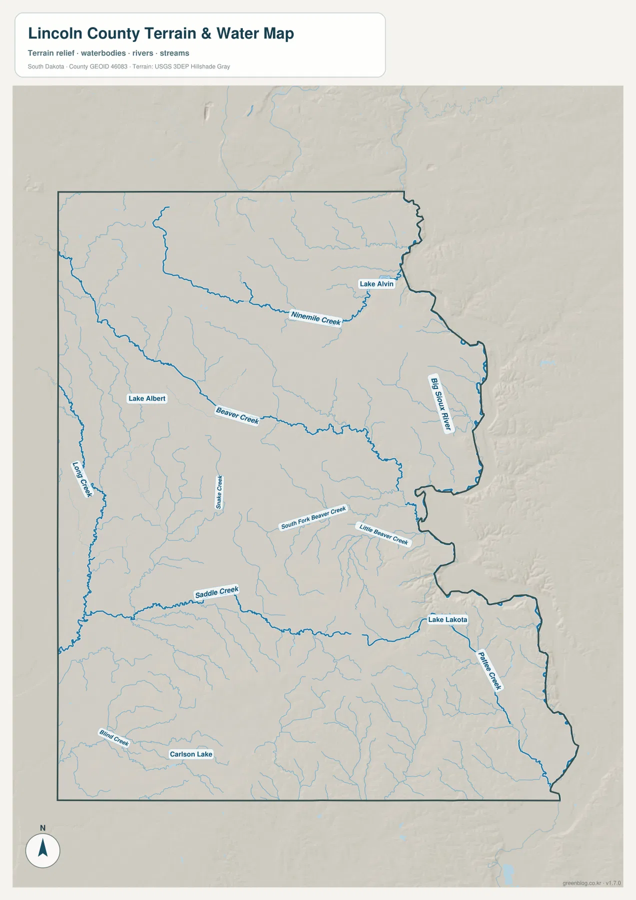 Big Sioux River, Ninemile Creek, Beaver Creek, Saddle Creek, Lake Alvin, Lake Lakota가 표시된 링컨 카운티 수역·지형 지도