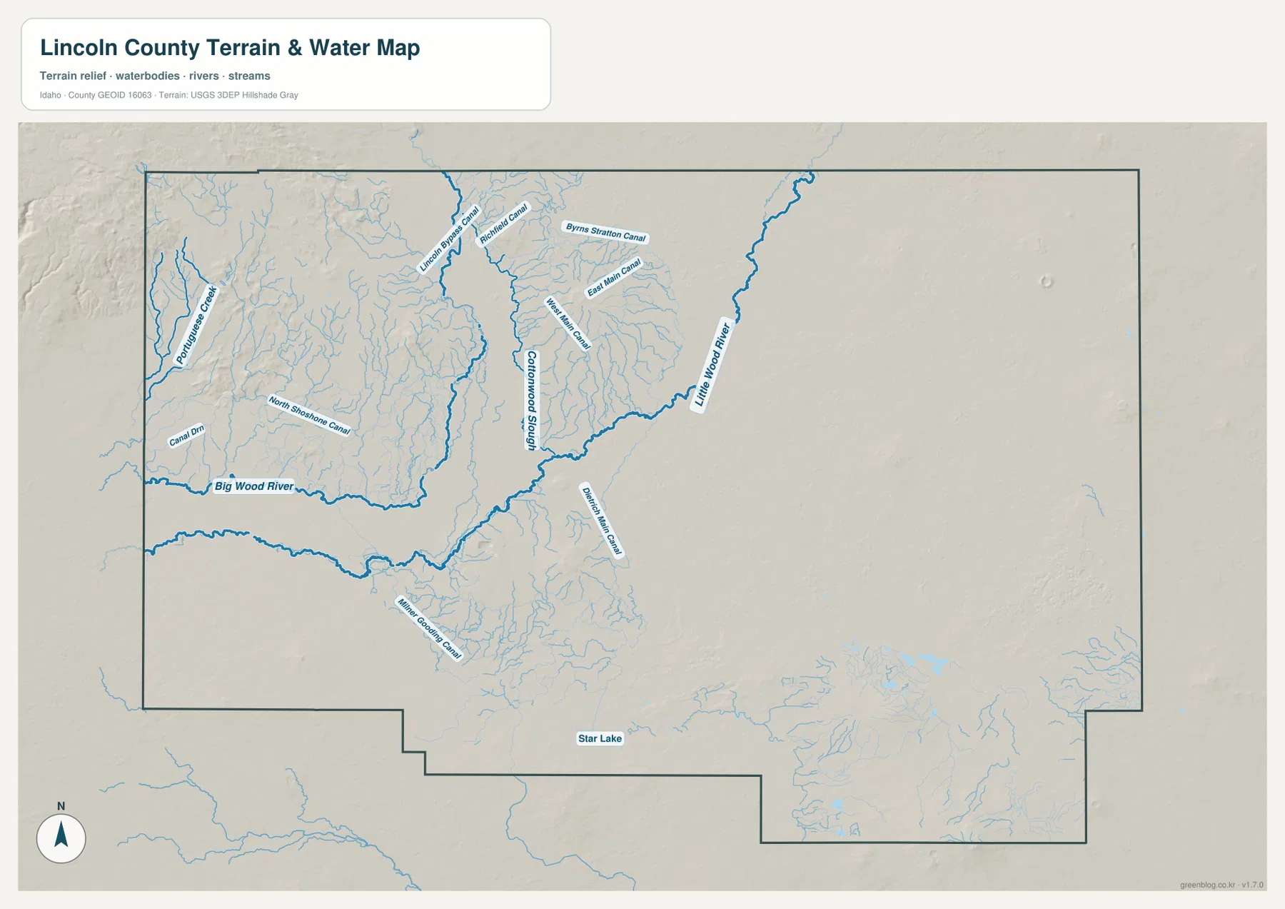 Lincoln County terrain and water map showing Big Wood River, Little Wood River, Coldwood Slough, canals and Star Lake