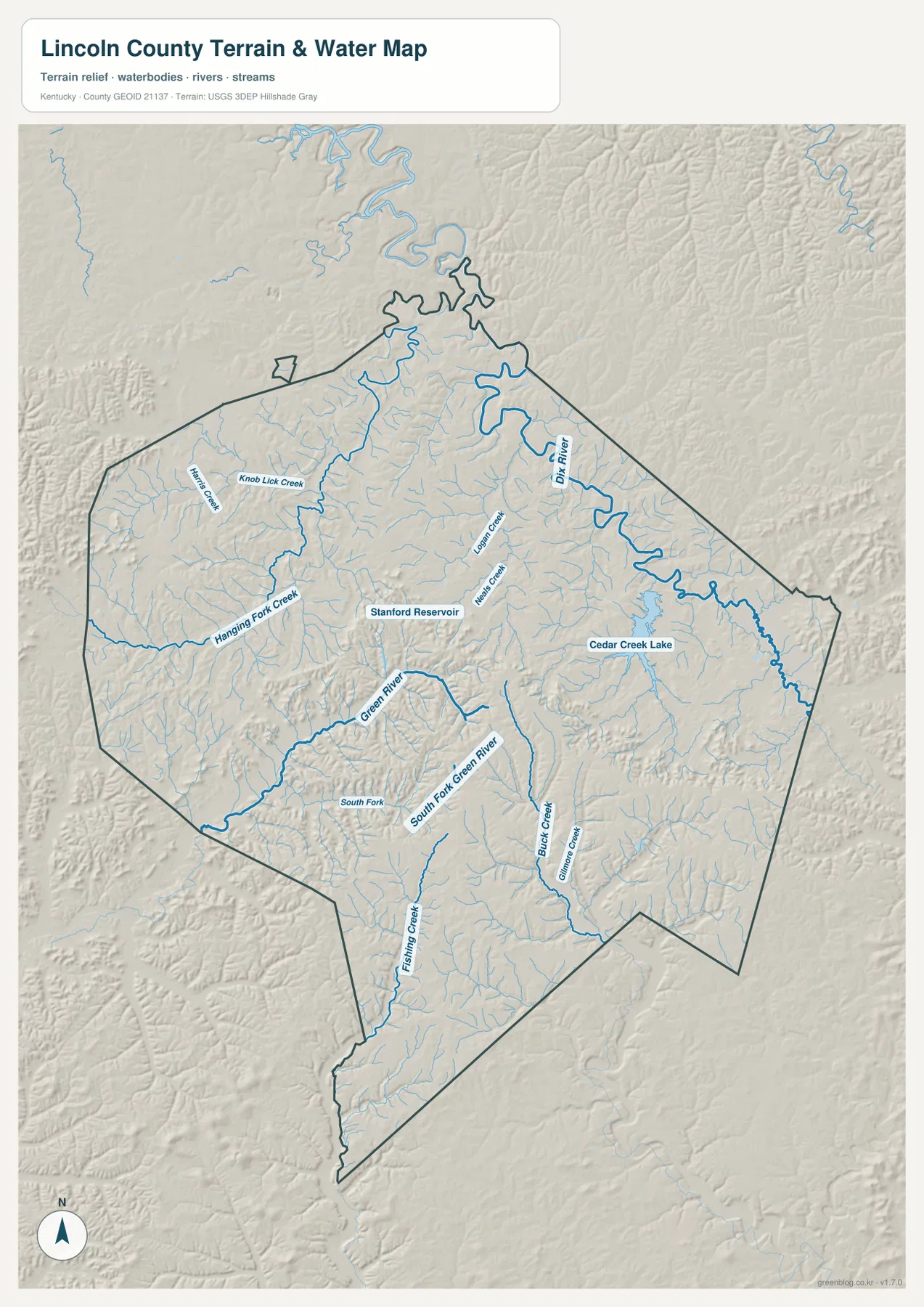Lincoln County terrain and water map showing Dix River, Green River, South Fork Green River, Cedar Creek Lake, Stanford Reservoir, and tributaries