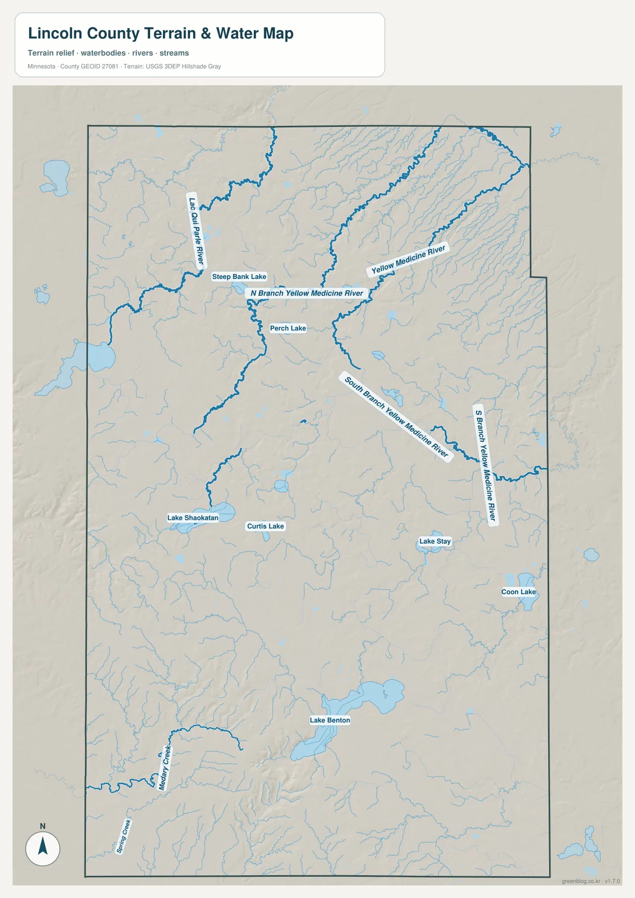 Lincoln County Minnesota terrain and water map with Yellow Medicine River branches, Lake Benton, Lake Shaokatan, and other lakes