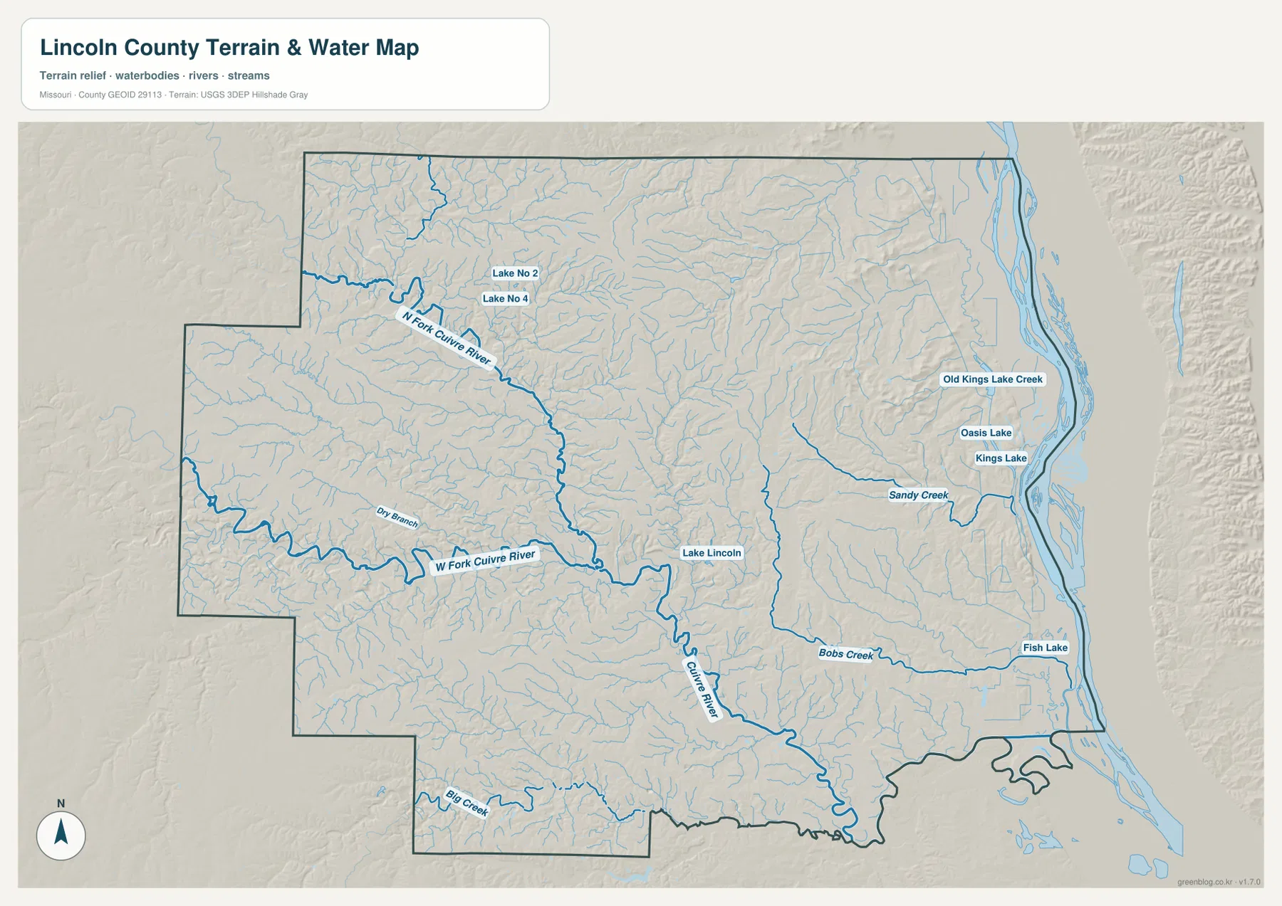 Lincoln County Cuivre River and Mississippi River terrain map