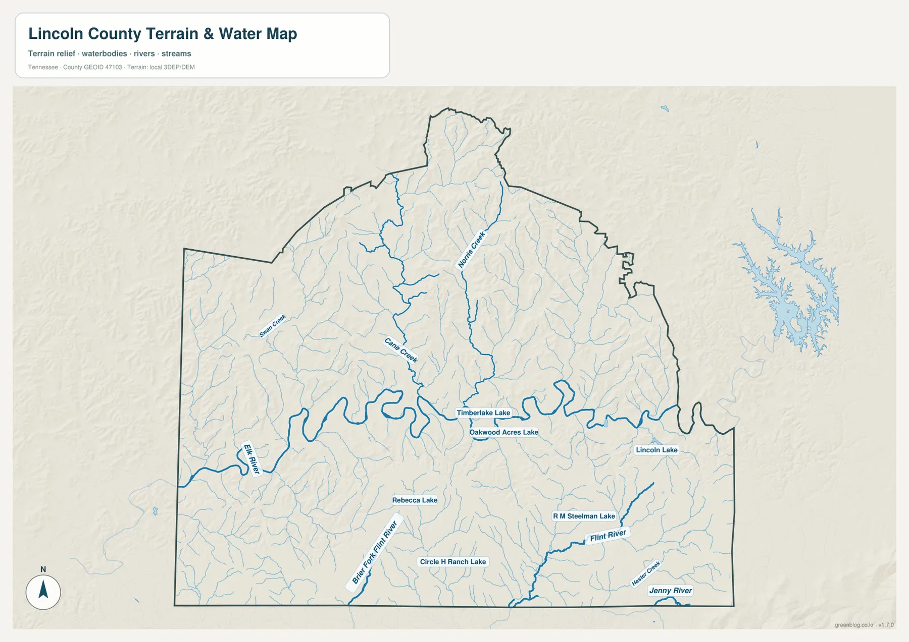 Elk River, Swan Creek, Cane Creek, Norris Creek, Flint River와 여러 작은 호수를 표시한 링컨 카운티 수역 지도