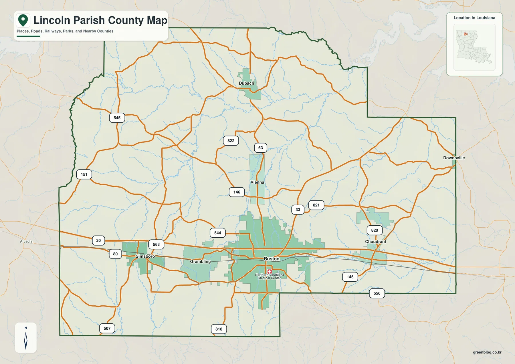 Lincoln Parish map showing Ruston, Grambling, Simsboro, Choudrant, Dubach, Vienna, Downsville, I-20, and major roads