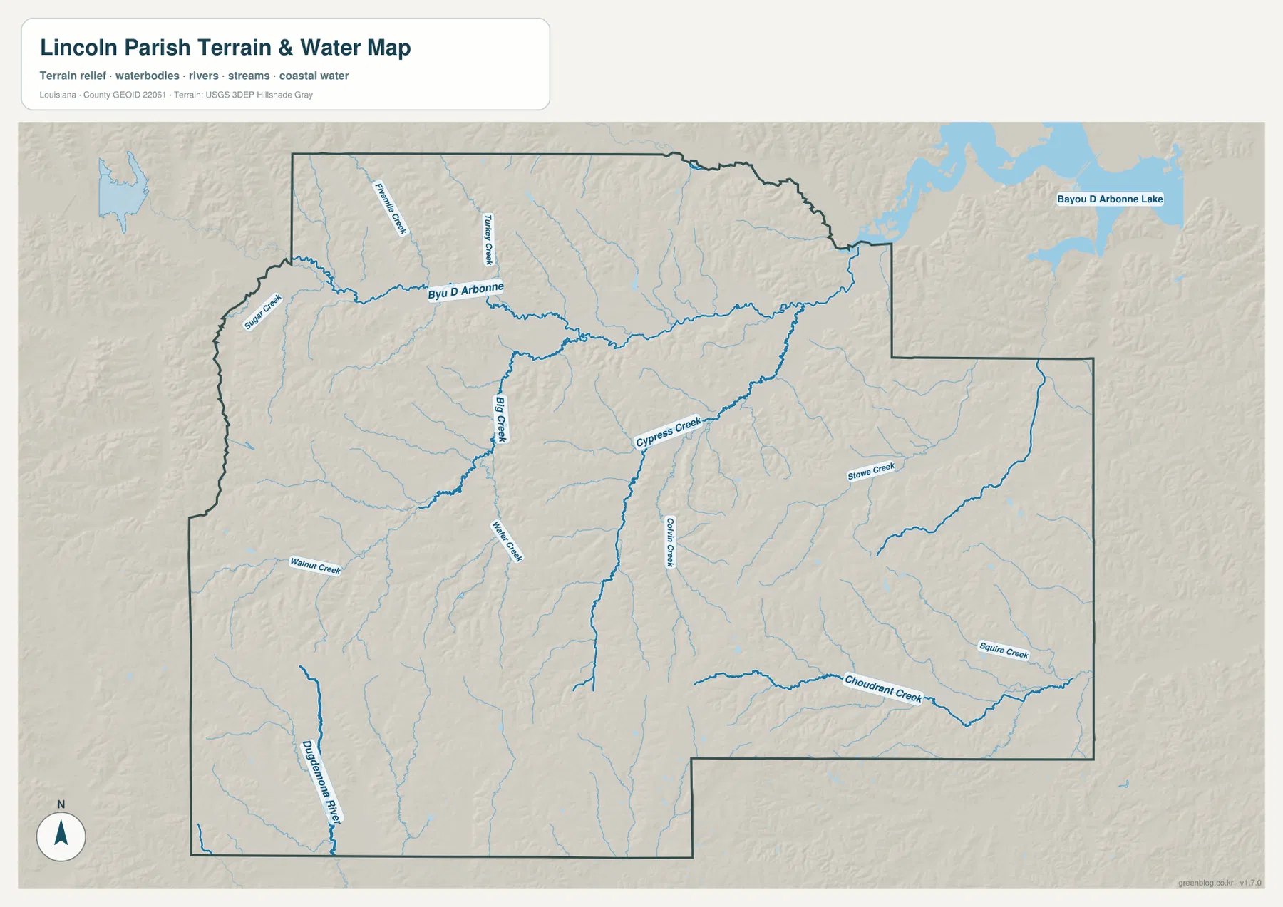Lincoln Parish water map showing Bayou D'Arbonne, Big Creek, Cypress Creek, Choudrant Creek, Dugdemona River, and Bayou D'Arbonne Lake