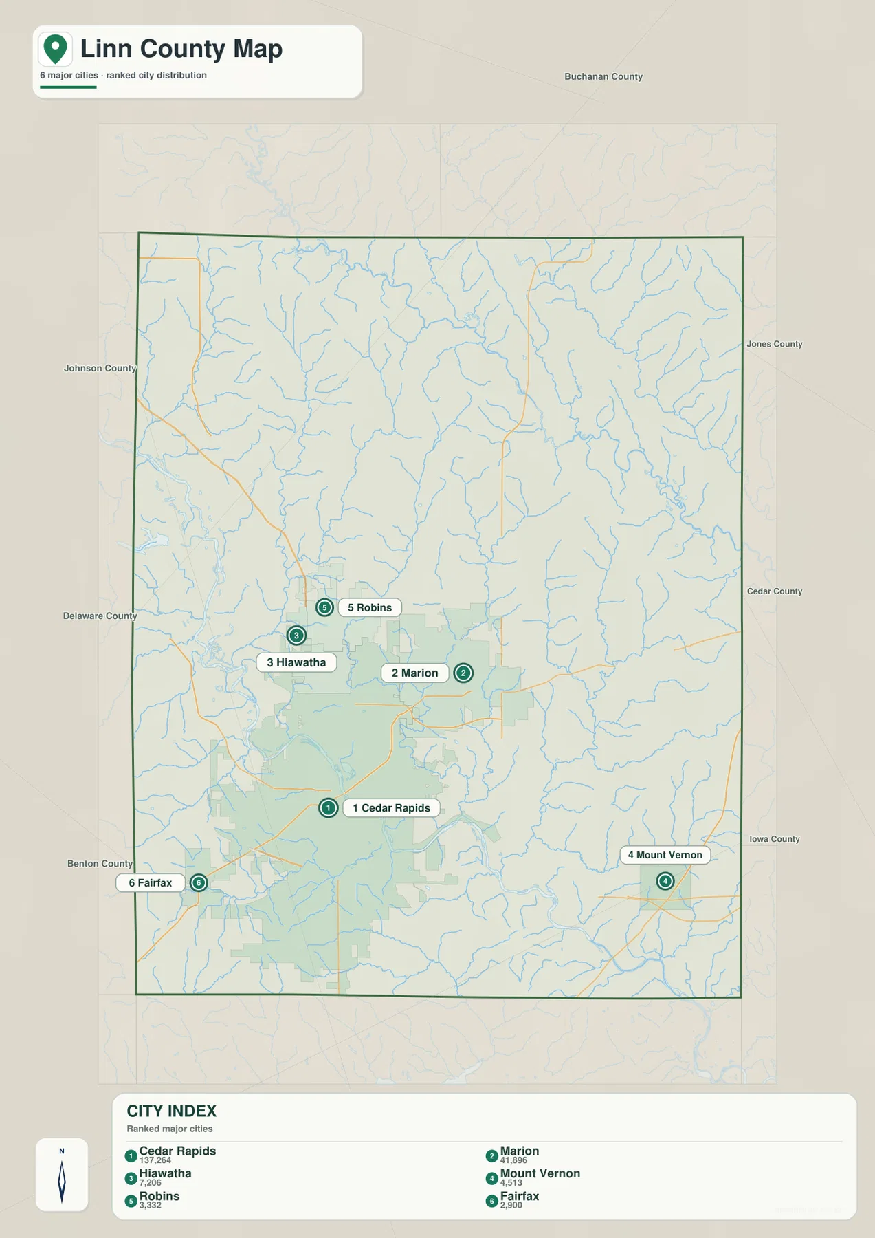 Linn County Iowa city map Cedar Rapids Marion Hiawatha Mount Vernon Robins Fairfax