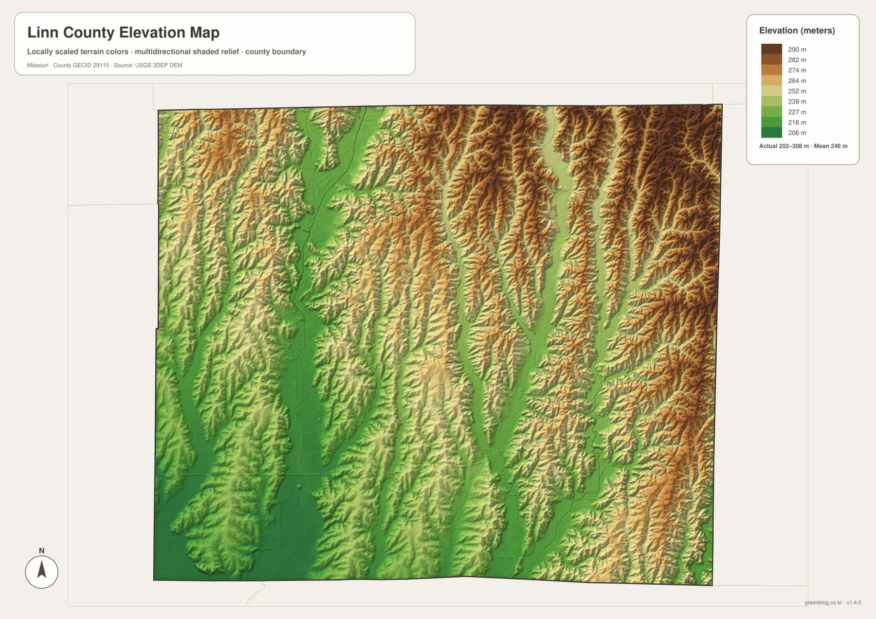 Linn County elevation map from 202 to 308 meters