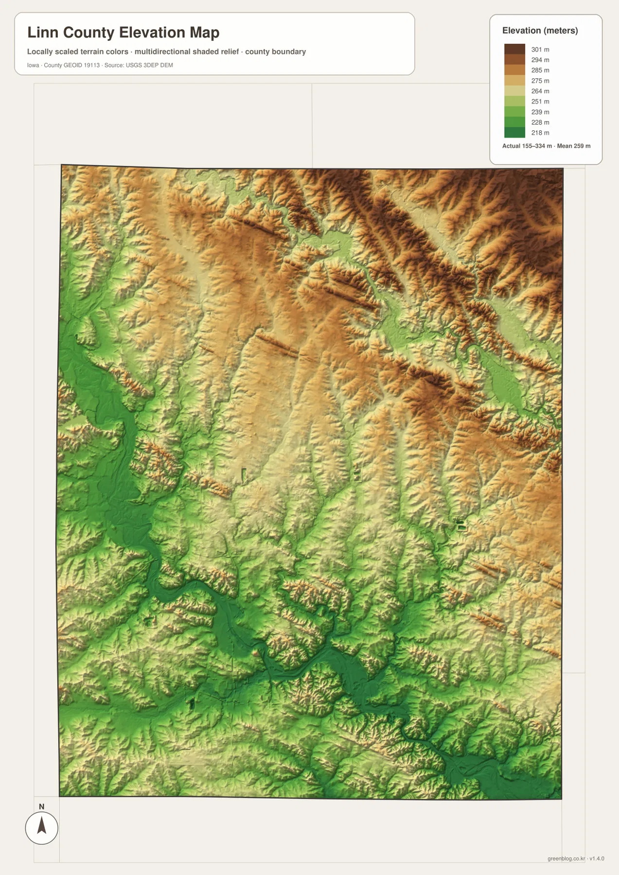 Linn County Iowa elevation map 155 334 meters Cedar River lowland northeastern ridges