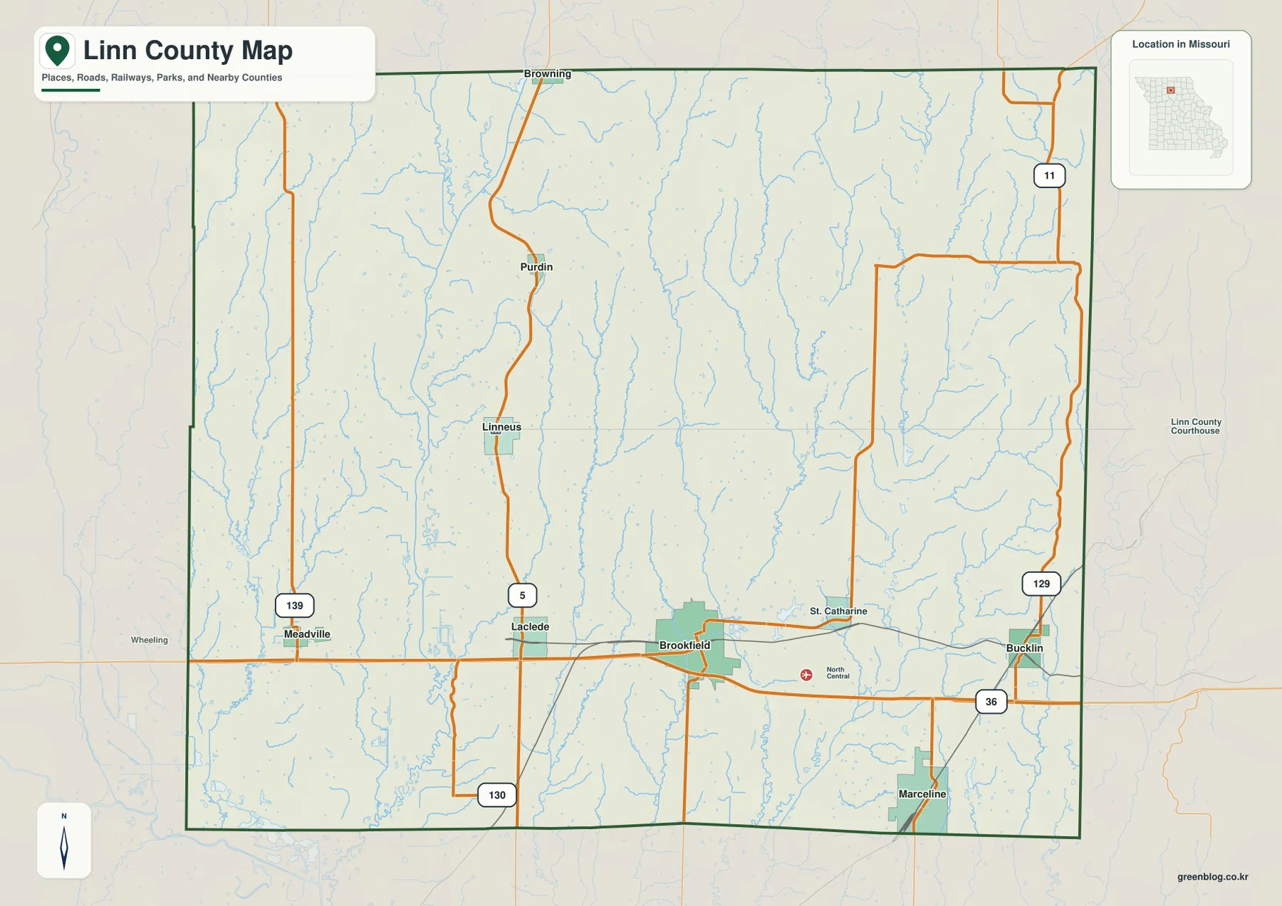 Linn County Missouri roads and Brookfield map