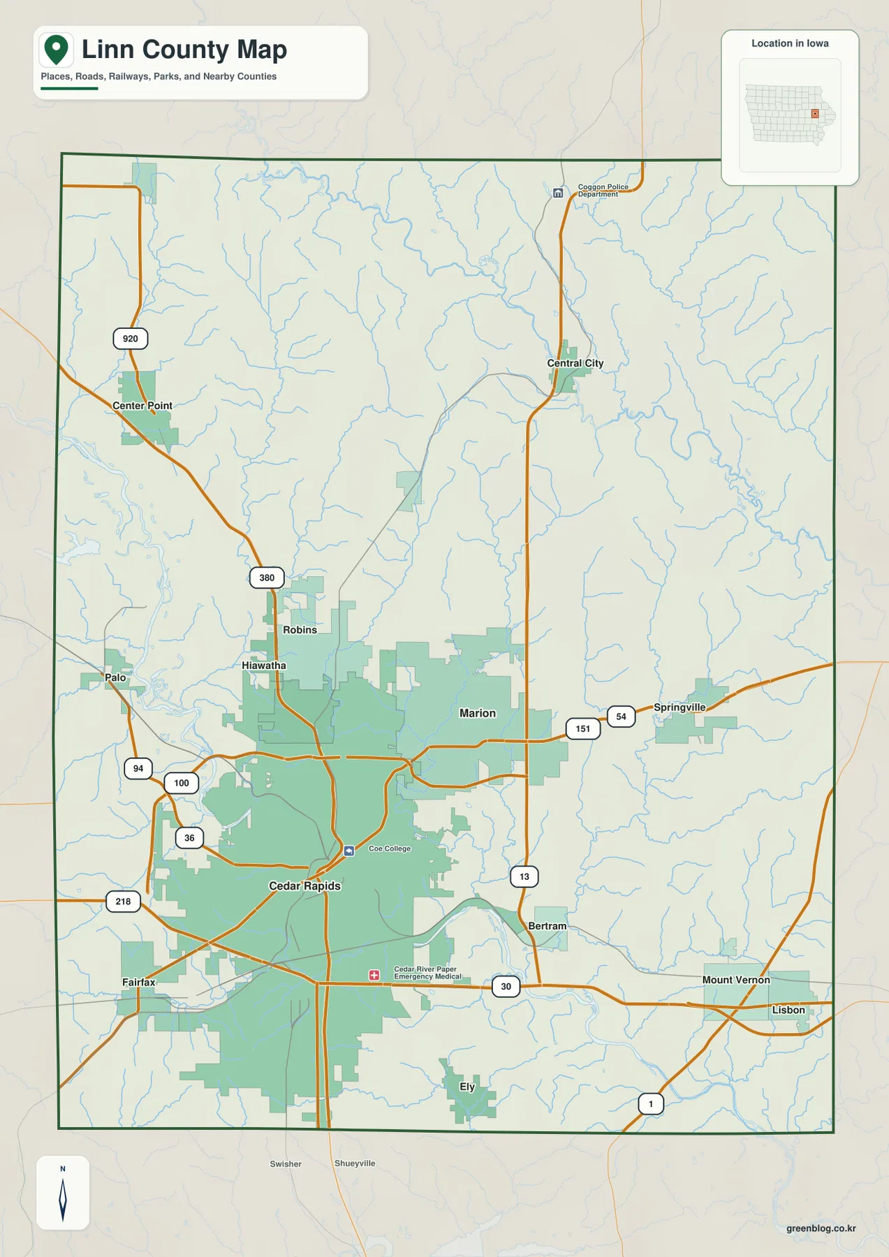 Linn County Iowa map Cedar Rapids Marion I-380 U.S. 151 U.S. 30