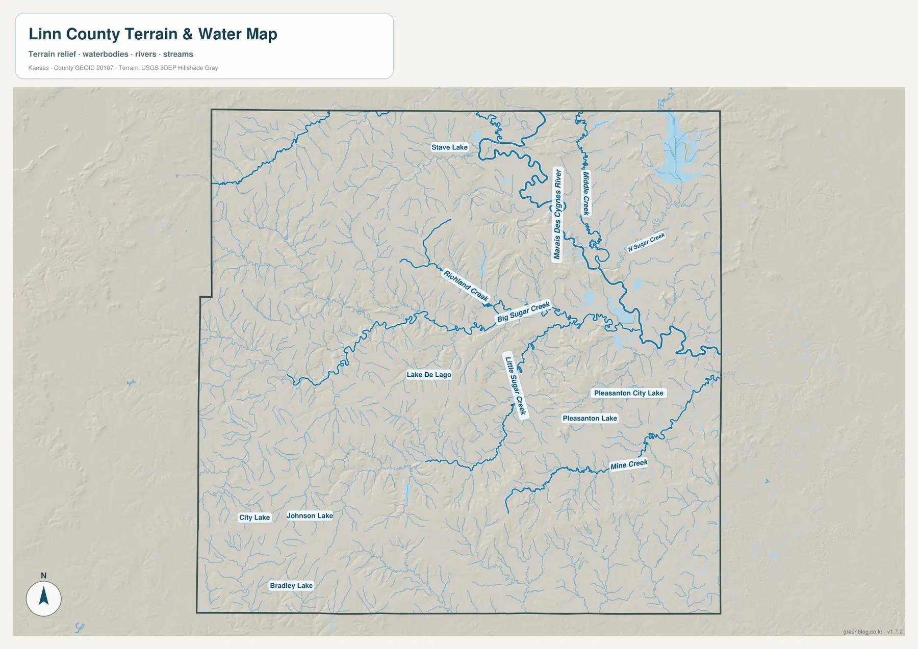 린 카운티의 Marais des Cygnes River, Big Sugar Creek, Little Sugar Creek, Mine Creek과 여러 호수를 표시한 수역 지도