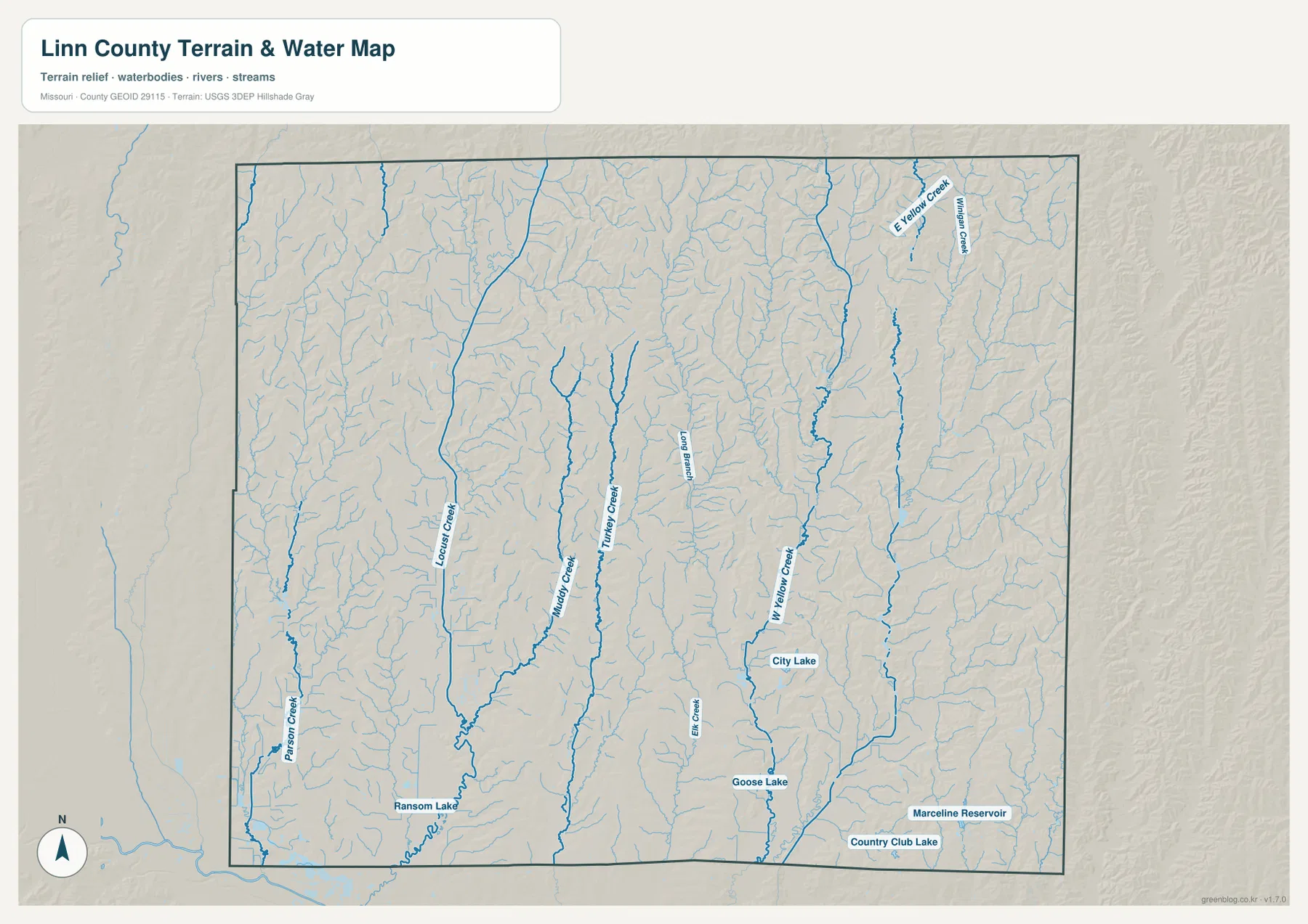 Linn County Locust Creek and Yellow Creek terrain map