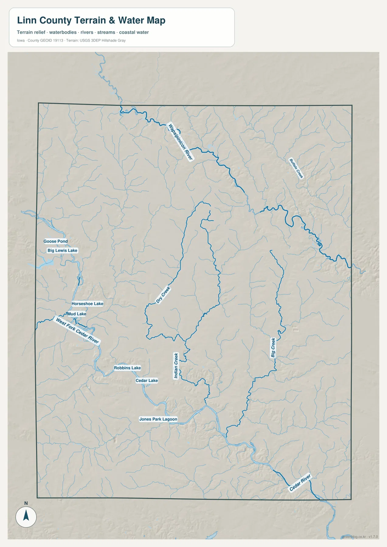 Linn County Iowa water map Cedar River Wapsipinicon River West Fork Cedar River Dry Creek Indian Creek
