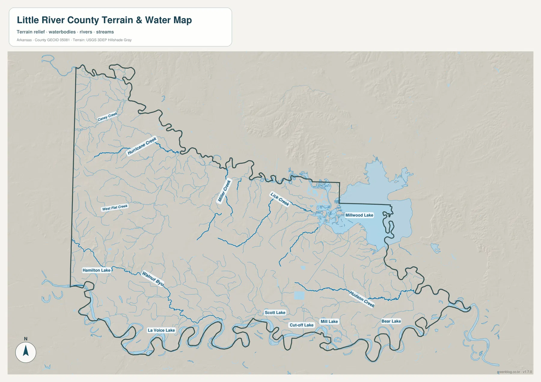 Millwood Lake, Lick Creek, Mill Creek, Hurricane Creek, Caney Creek와 여러 호수를 표시한 리틀 리버 카운티 수역 지형 지도