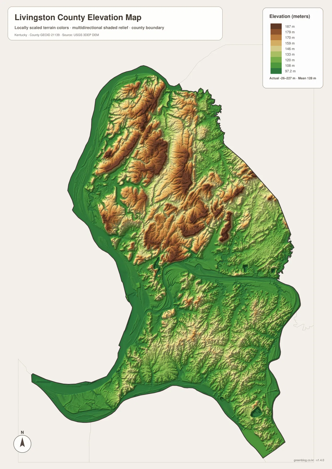 Livingston County elevation map showing higher northern ridges and lower terrain along the Ohio and Cumberland rivers
