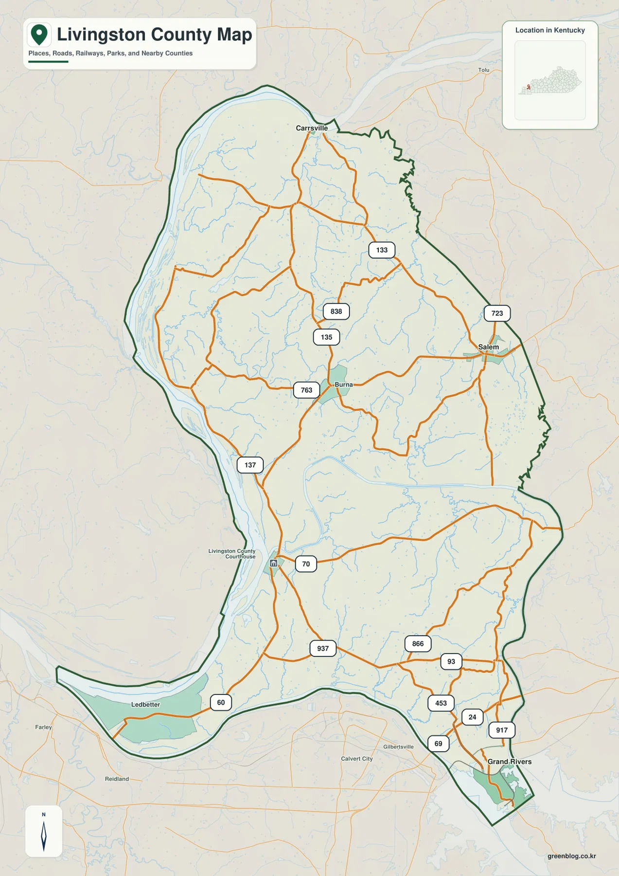 Livingston County Kentucky map showing Salem, Smithland, Carrsville, Grand Rivers, major roads, and the county boundary