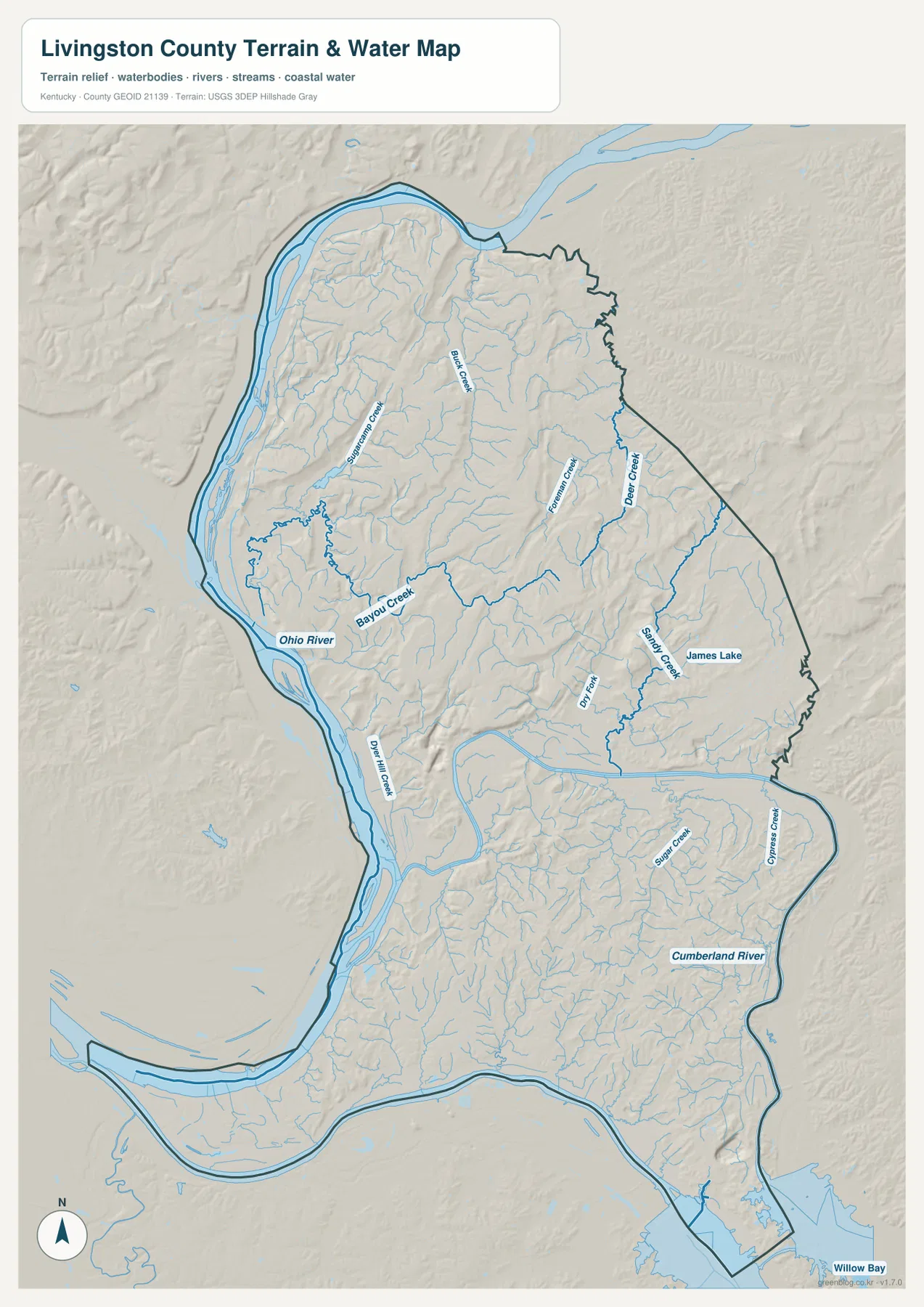 Livingston County terrain and water map showing the Ohio River, Cumberland River, Bayou Creek, Buck Creek, Deer Creek, Sandy Creek, and James Lake