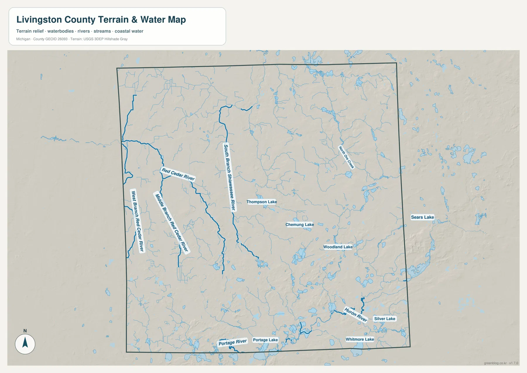 리빙스턴 카운티 수역 지도 – Thompson Lake, Chemung Lake, Portage Lake, Huron River와 Red Cedar River 지류