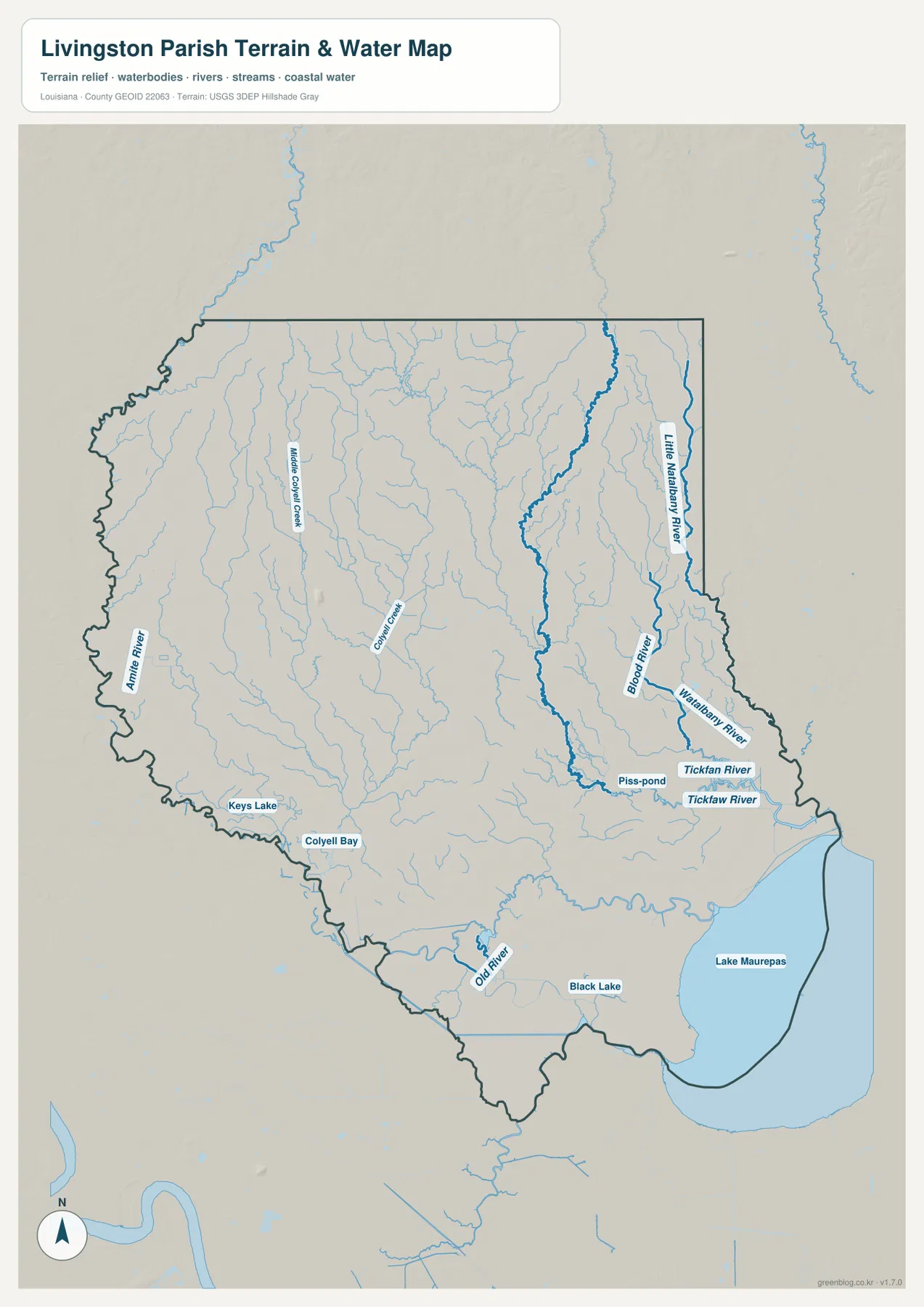 Amite River, Colyell Creek, Natalbany River, Tickfaw River, Old River, Black Lake와 Lake Maurepas를 보여 주는 Livingston Parish 수역 지도