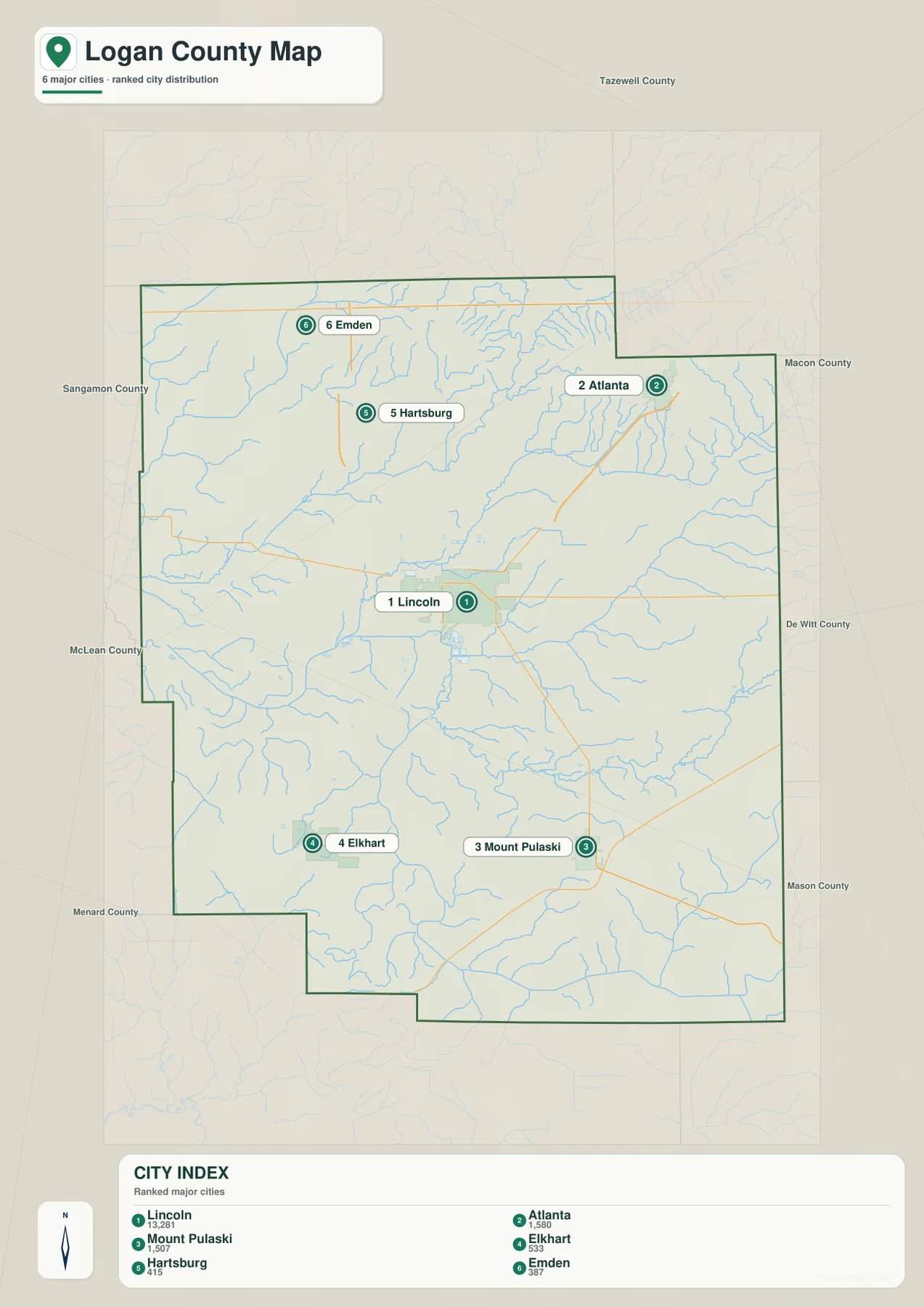 Lincoln, Atlanta, Mount Pulaski, Elkhart, Hartsburg, Emden의 위치와 순위를 보여 주는 Logan County 도시 지도