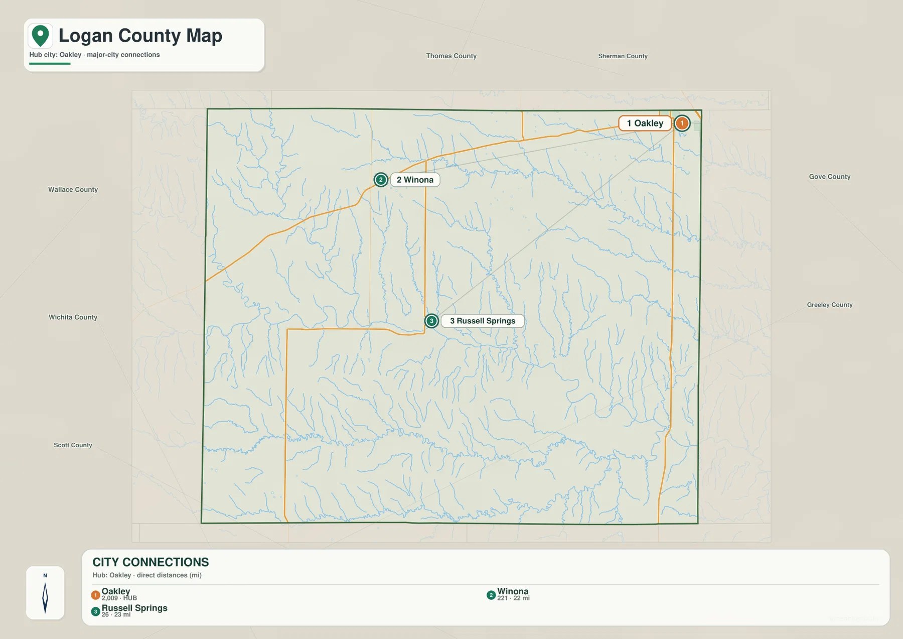 Logan County Kansas Oakley, Winona, Russell Springs 도시 위치와 직선거리 지도