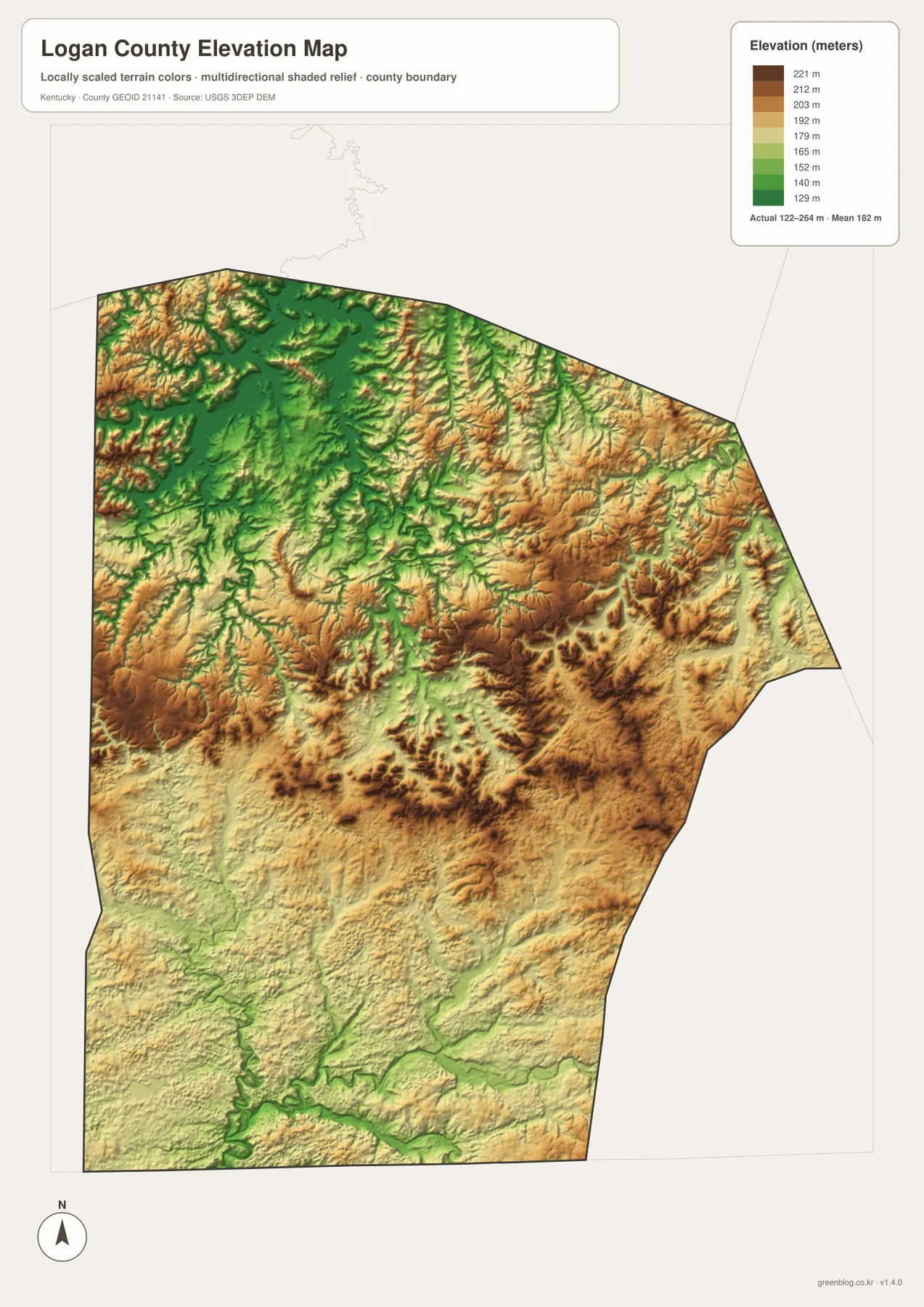 Logan County elevation map showing the 122 to 264 meter range, higher northern and eastern ridges, and lower southern river valleys