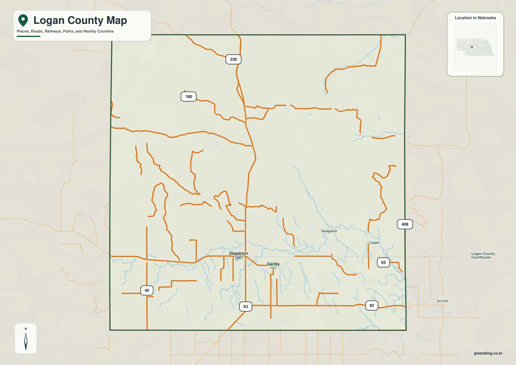 네브래스카주 Logan County에서 Stapleton, Gandy, U.S. 83, Nebraska Highway 92와 South Loup River 주변 도로를 표시한 카운티 지도