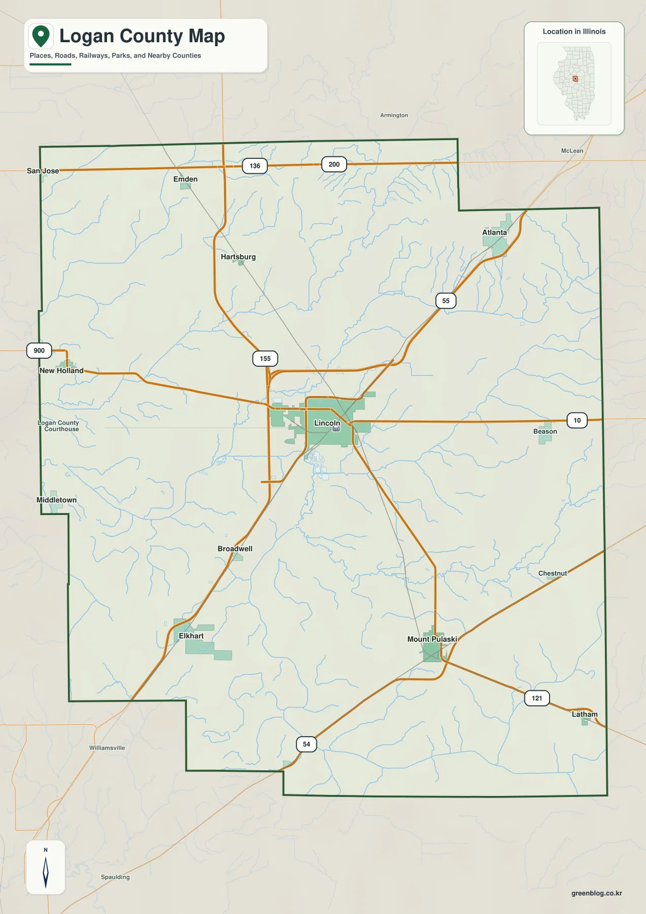 일리노이주 Logan County의 Lincoln, Atlanta, Mount Pulaski, Elkhart와 주요 도로 및 경계를 보여 주는 지도